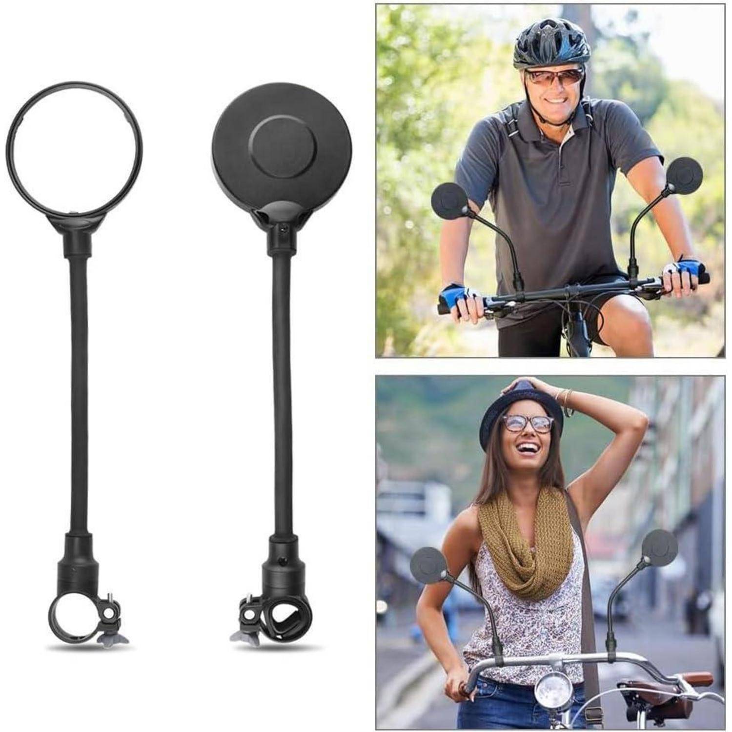 Schwarze Fahrradvorbaulenkerspiegels, die mit Radfahrern gezeigt werden, die sie für sicherere Fahrten verwenden.