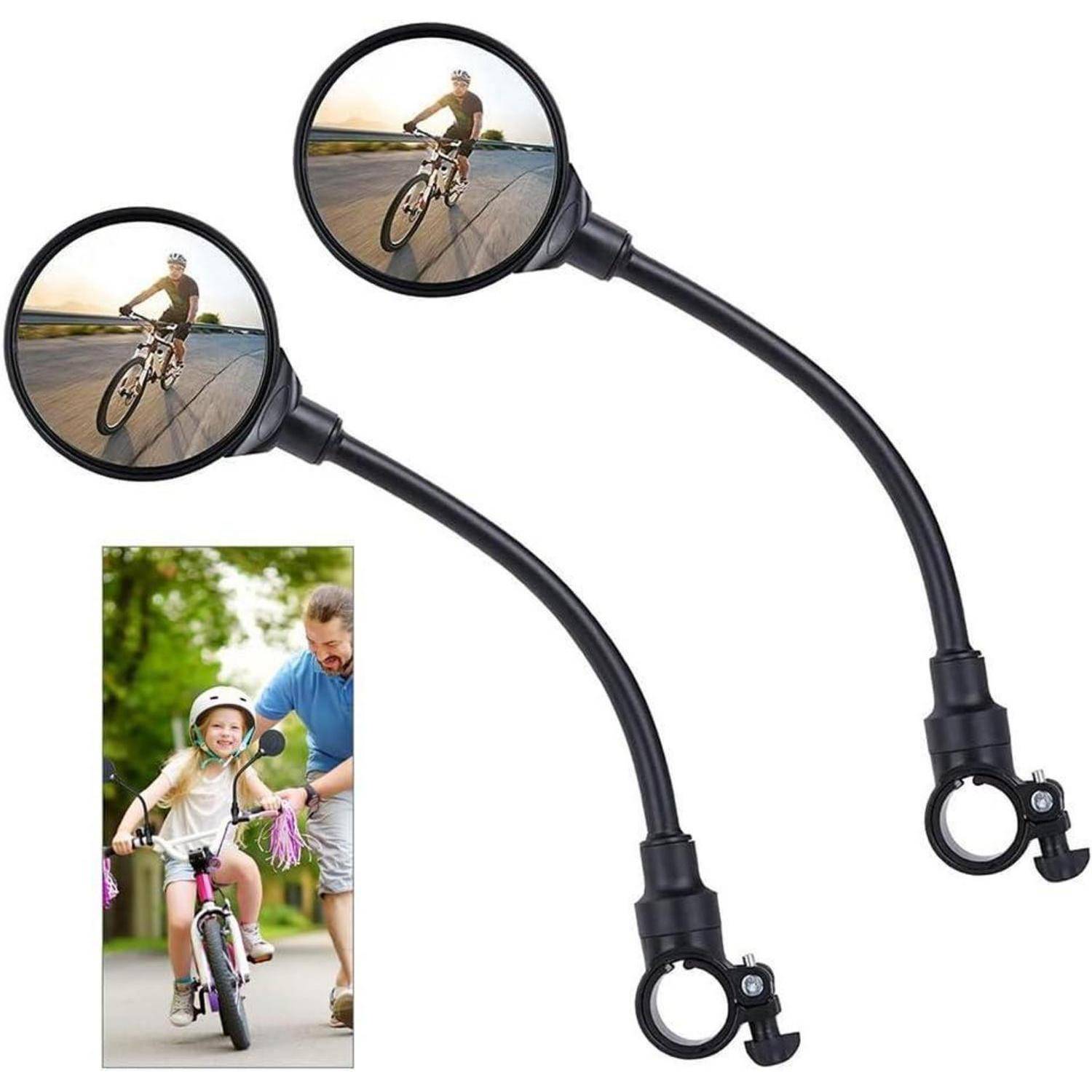 Paar verstellbarer Fahrrad-Lenkerstab-Rückspiegel, die jeweils einen Radfahrer reflektieren, mit einem eingefügten Foto eines Kindes, das mit Unterstützung eines Erwachsenen Fahrrad fährt.