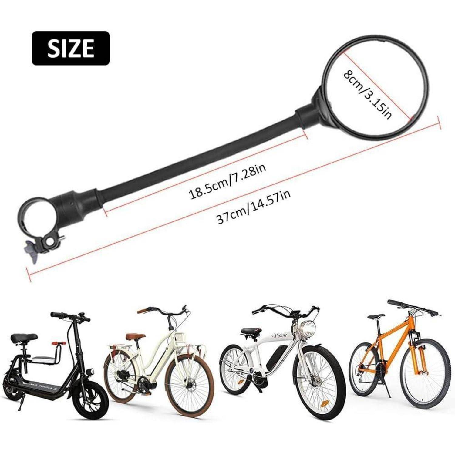 Schwarzer Fahrradspiegel mit Klemmmontage, gezeigt mit Größenangaben: 37 cm Gesamtlänge, 18,5 cm Arm, 8 cm Spiegel; abgebildet in Verwendung an mehreren Fahrrädern.