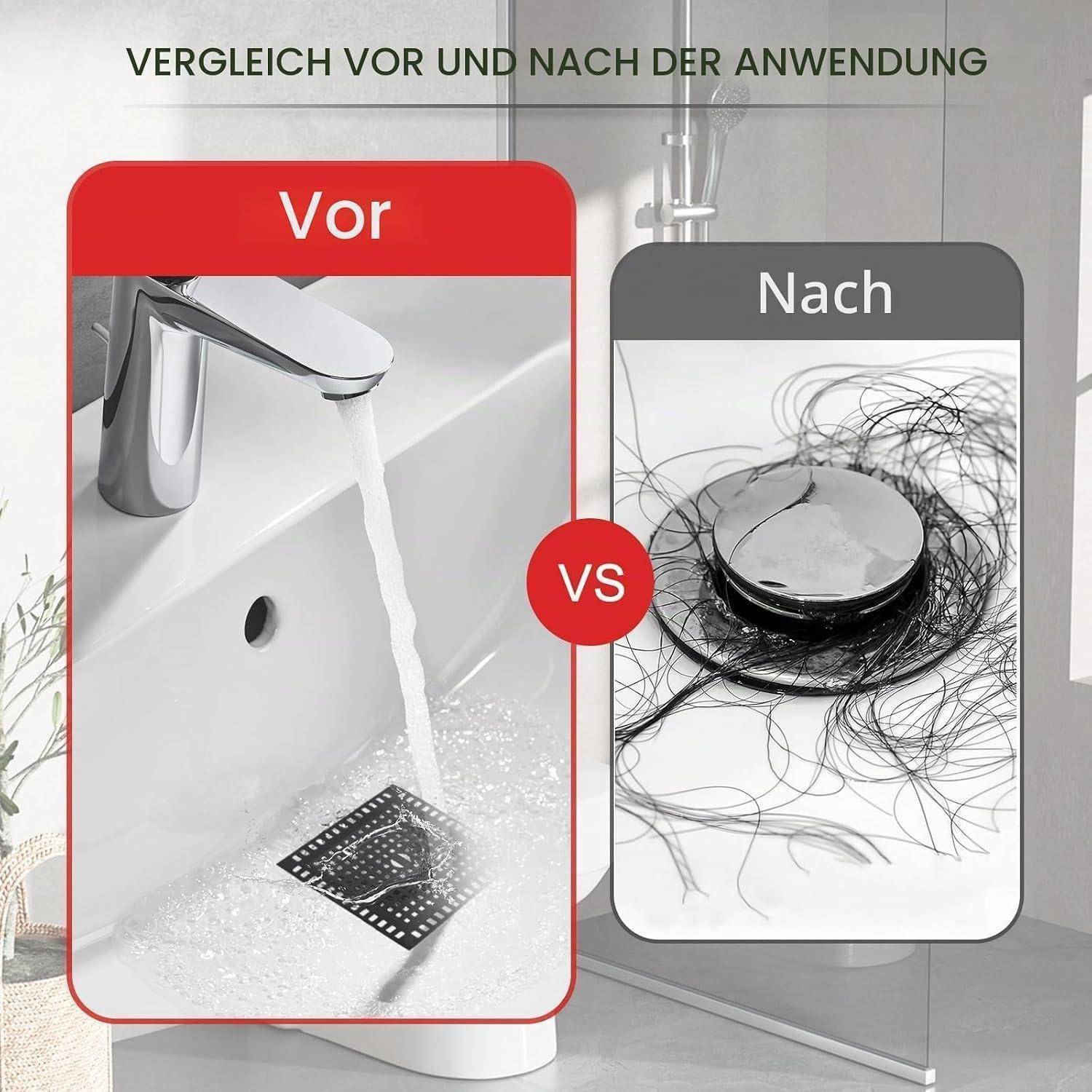 Vorher-und-Nachher-Vergleich des Badezimmerwaschtisches: Links zeigt normales Abfließen von Wasser, rechts zeigt eine Ablaufabdeckung, die nach Gebrauch von Haaren umgeben ist.