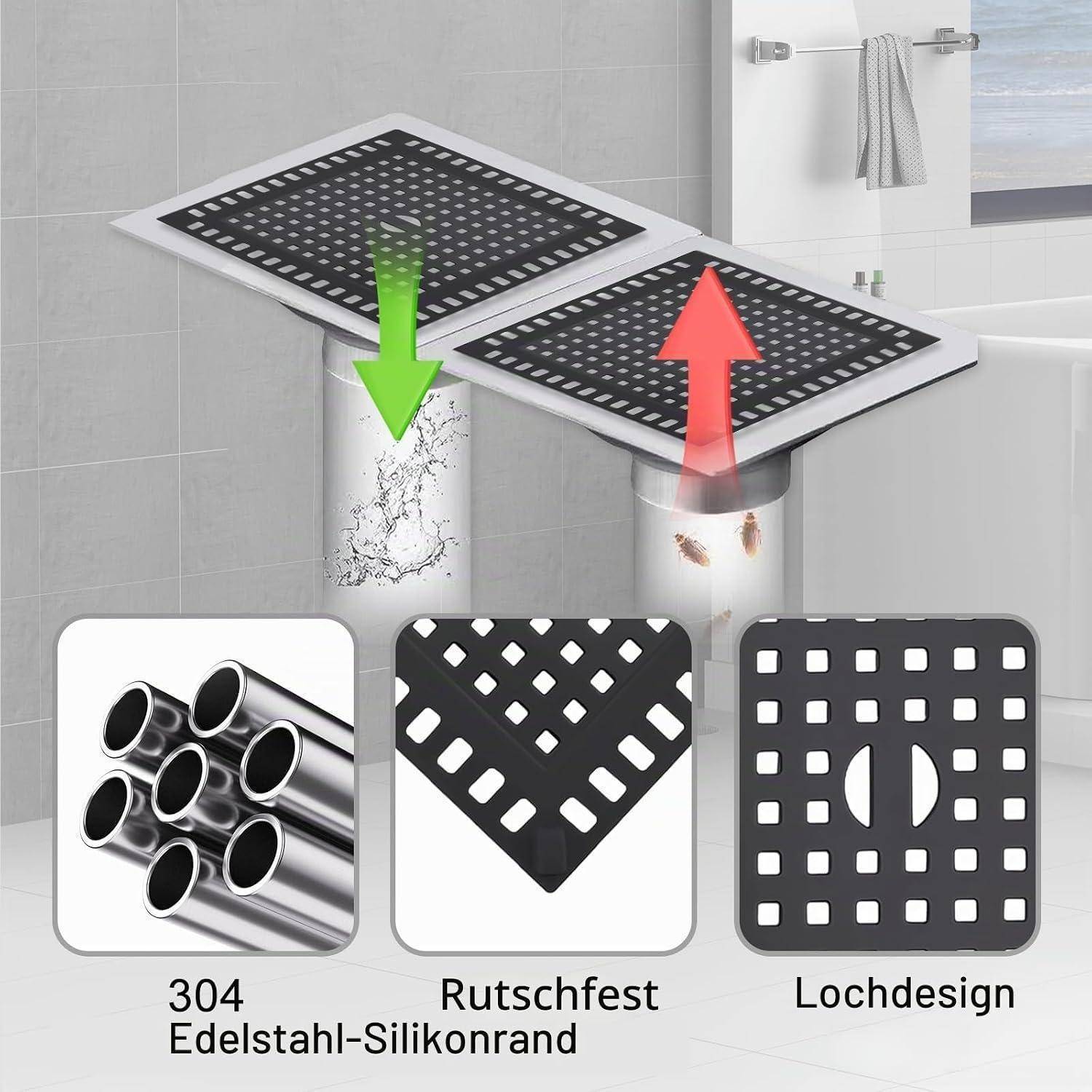 Duschablaufabdeckung-Illustration mit Edelstahl, rutschfester, perforierter Ausführung mit erhöhtem Silikon-Rand für Drainage und Stabilität.