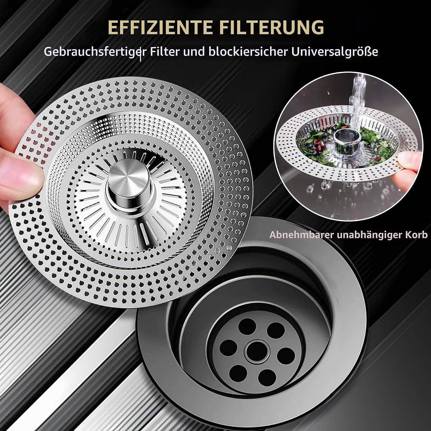 Werbebild eines Edelstahl-Spülbeckenablaufsieb mit abnehmbarem Filterkorb, gekennzeichnet mit den deutschen Bezeichnungen „Effiziente Filterung