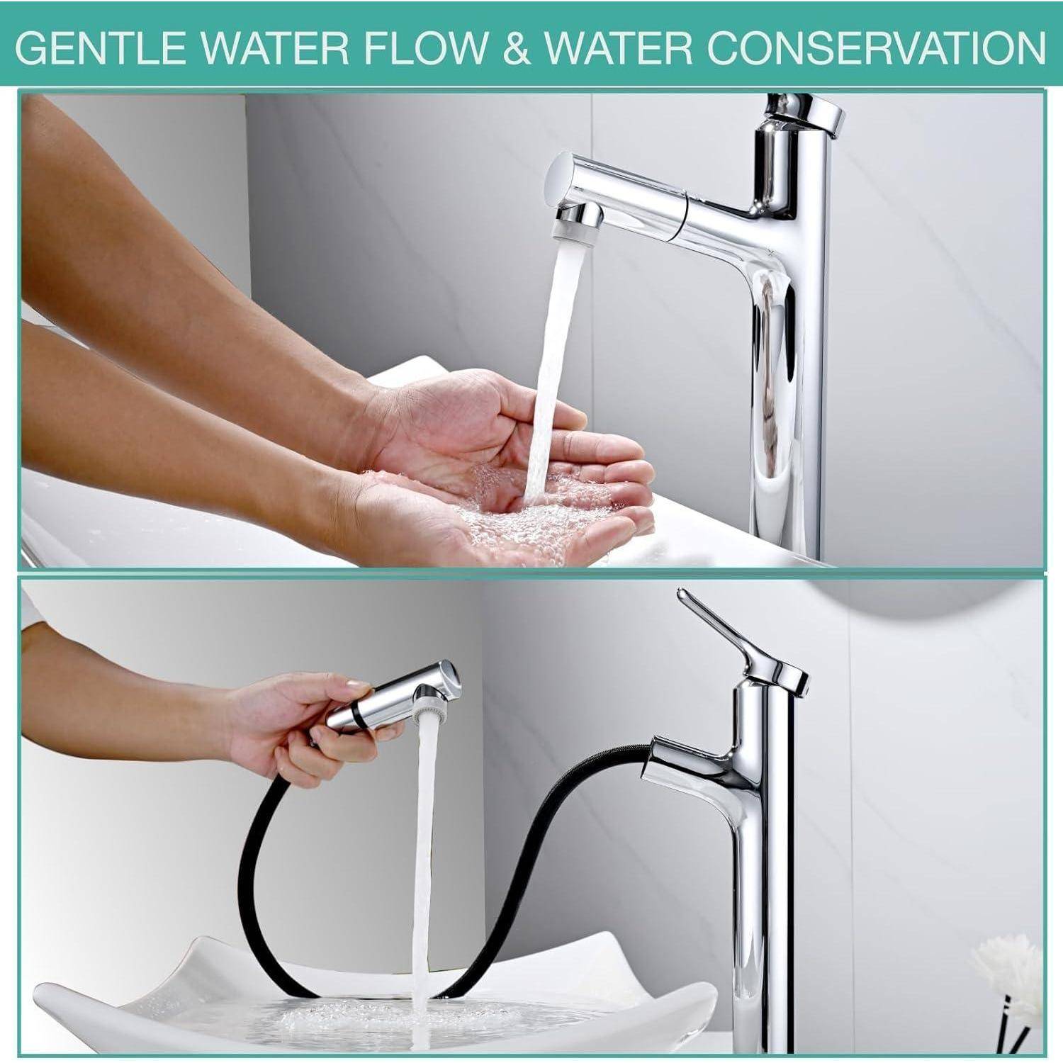 Vergleich zweier Badezimmerhähne mit sanftem Wasserfluss zur Wassereinsparung: oben, Hände unter einem Standard-Wasserstrahl; unten, eine Sprühdüse reduziert den Wasserverbrauch.