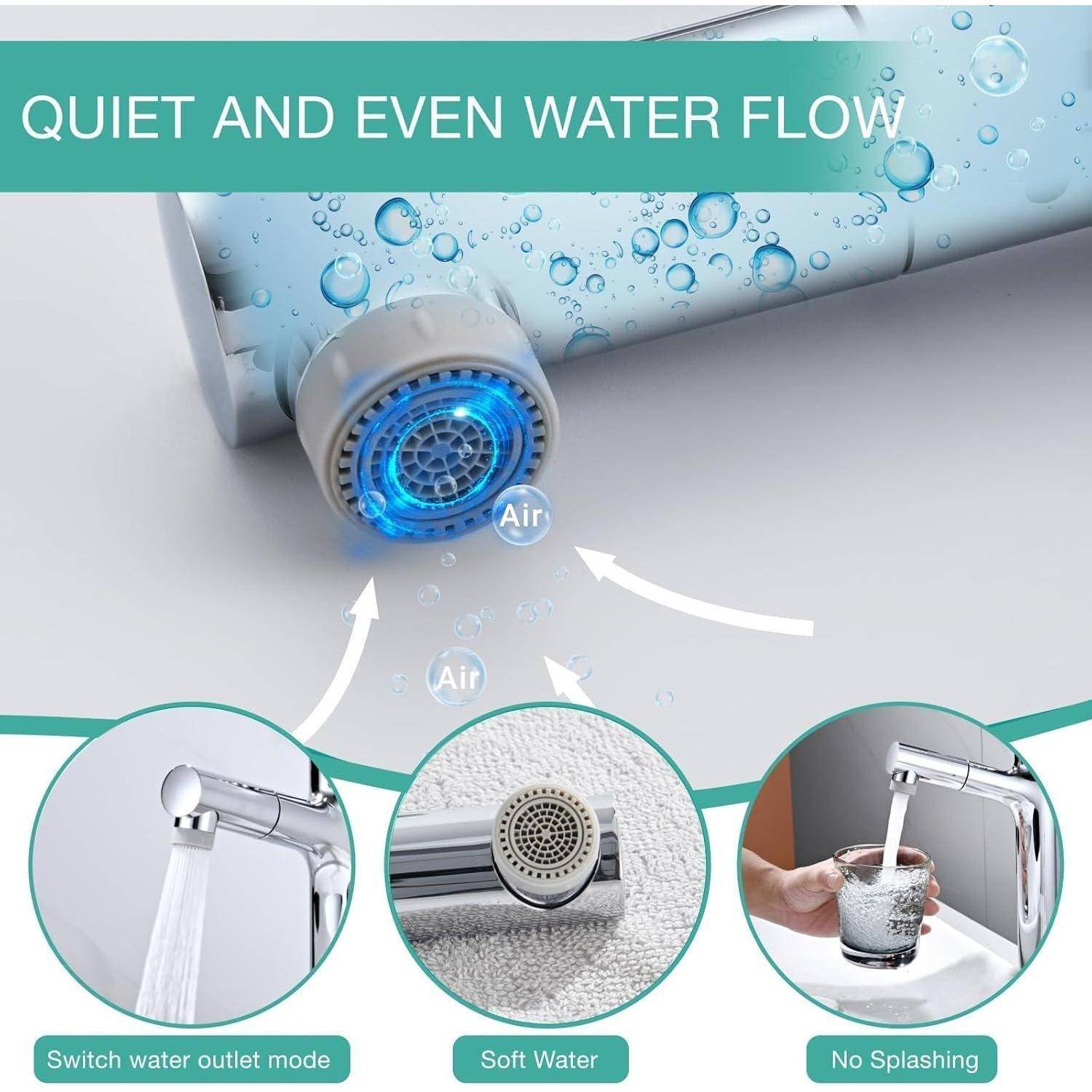 Produktgrafik zeigt einen Wasserhahn-Perlator mit „RUHIGER UND GLEICHMÄSSIGER WASSERDURCHFLUSS