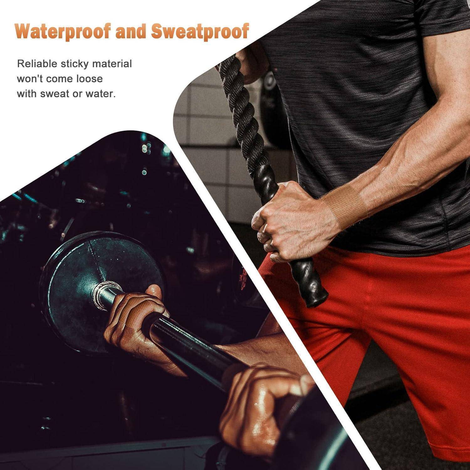 Fitness-Griffband-Anzeige mit einem Mann, der Fitnessgeräte hält, und bewirbt „wasserdichtes und schweißfestes" Klebematerial, das sich durch Schweiß oder Wasser nicht lockert.