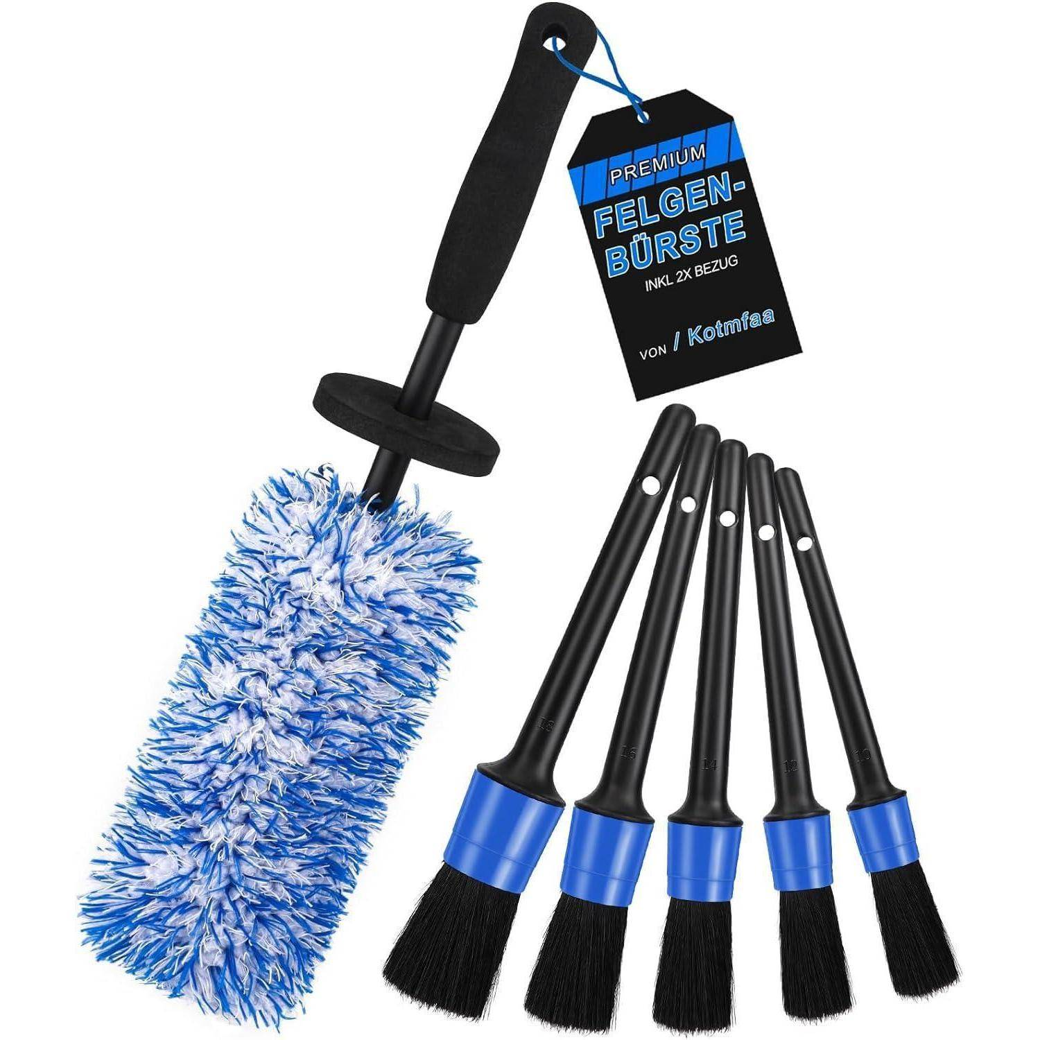 Autoreinigungs-Bürstensatz mit einer blauen Mikrofaser-Radbürste und fünf schwarzen Detaillierungsbürsten mit blauen Bändern.