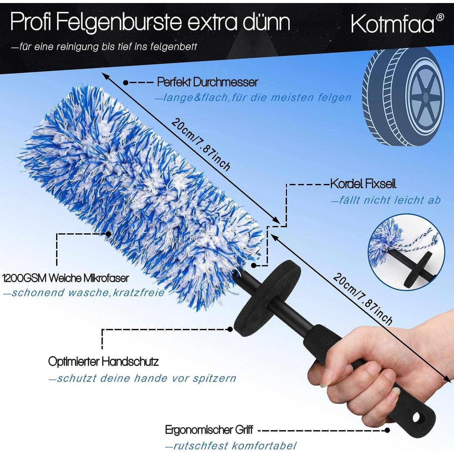 Produktbild einer blau-weißen Mikrofaser-Felgenbürste mit schwarzem Griff, gekennzeichnet mit deutschen Funktionshinweisen, einschließlich 20 cm Länge, Kordelstopper und ergonomischem Griff zur Reinigung von Autoreifen.