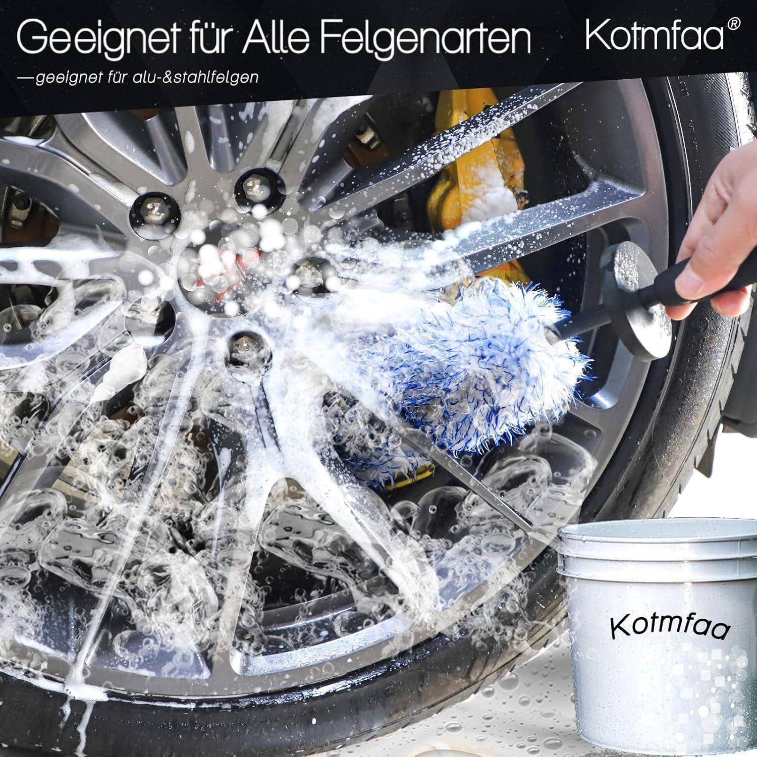 Eine Person reinigt ein Autorad mit einer Bürste und Seifenwasser; der deutsche Text sagt „Geeignet für Alle Felgenarten
