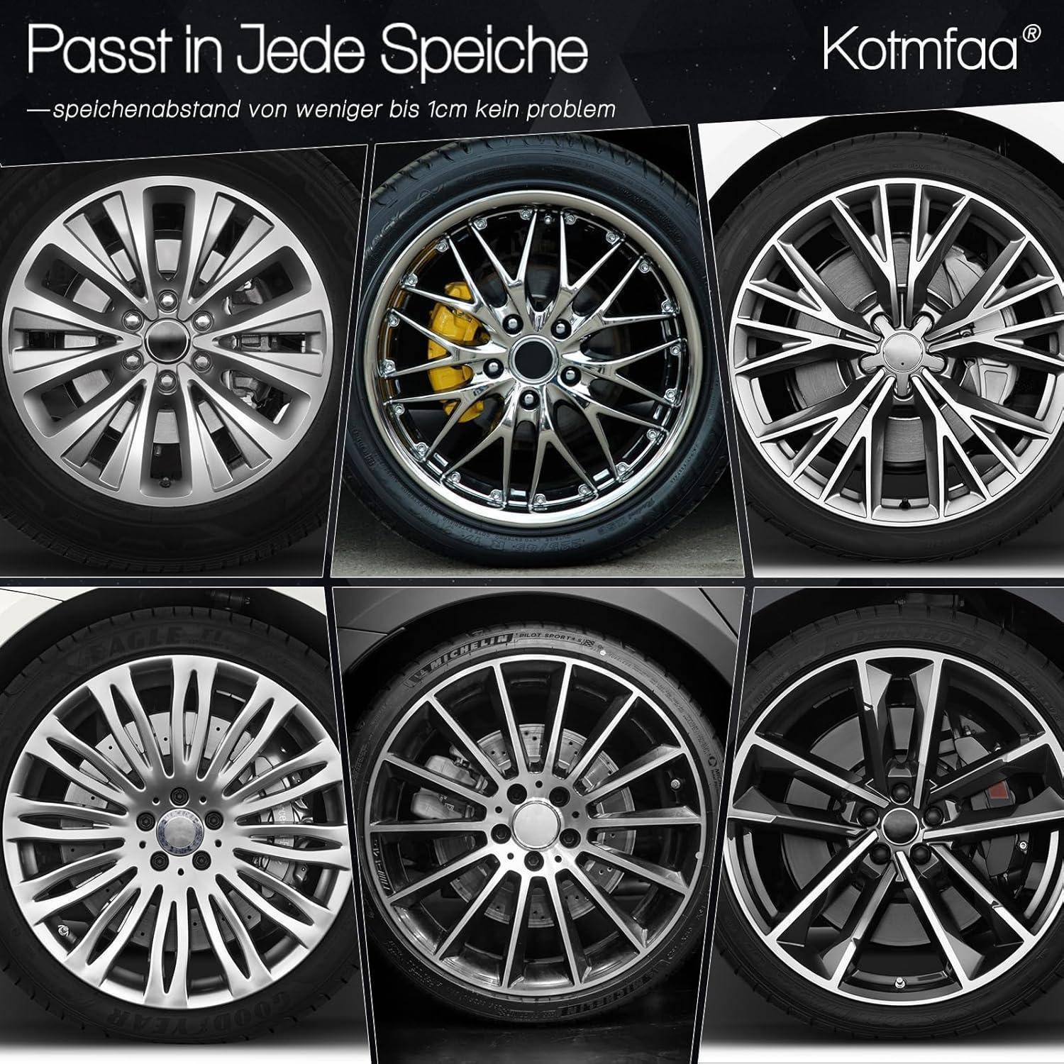 Collage aus sechs silbernen und schwarzen Autokrädern/Felgen mit dem Text „Passt in jede Speiche