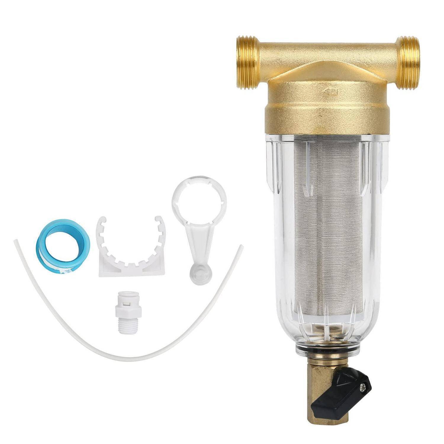 Messing- und transparenter Inline-Wasserfilter mit Mesh-Patrone und Ablassventil, dargestellt mit Montagezubehör auf weißem Hintergrund.