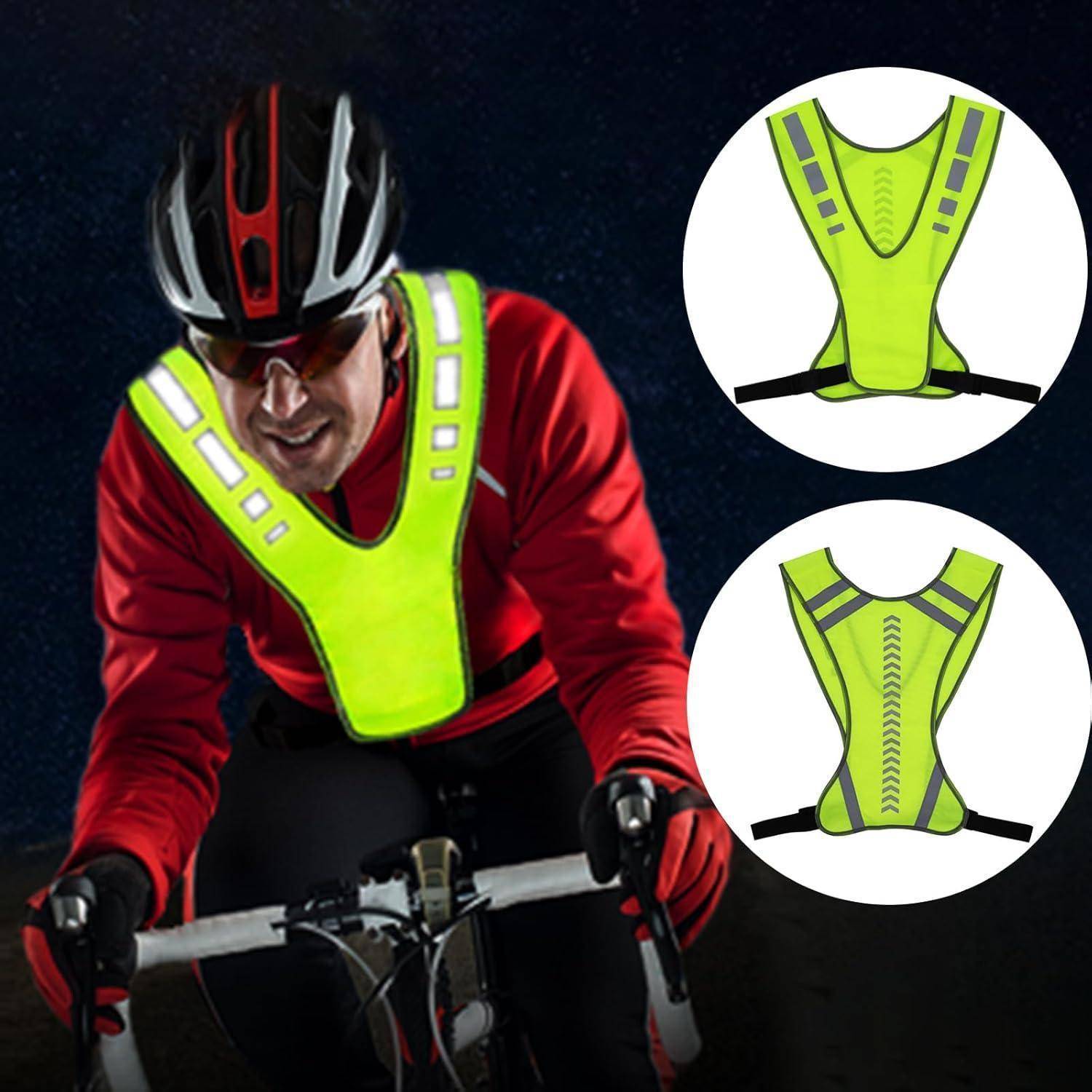 Radfahrer, der eine helle reflektierende Sicherheitsweste trägt, mit zwei eingefügten Ansichten, die das Vorder- und Rückseiten-Design der Weste zeigen.