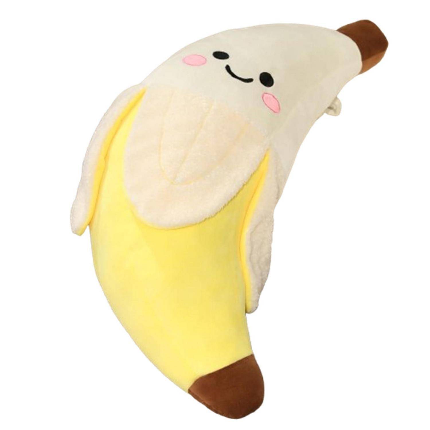 Weiches, bananenförmiges Kissen mit einem niedlichen lächelnden Gesicht und rosa Wangen auf weißem Hintergrund.
