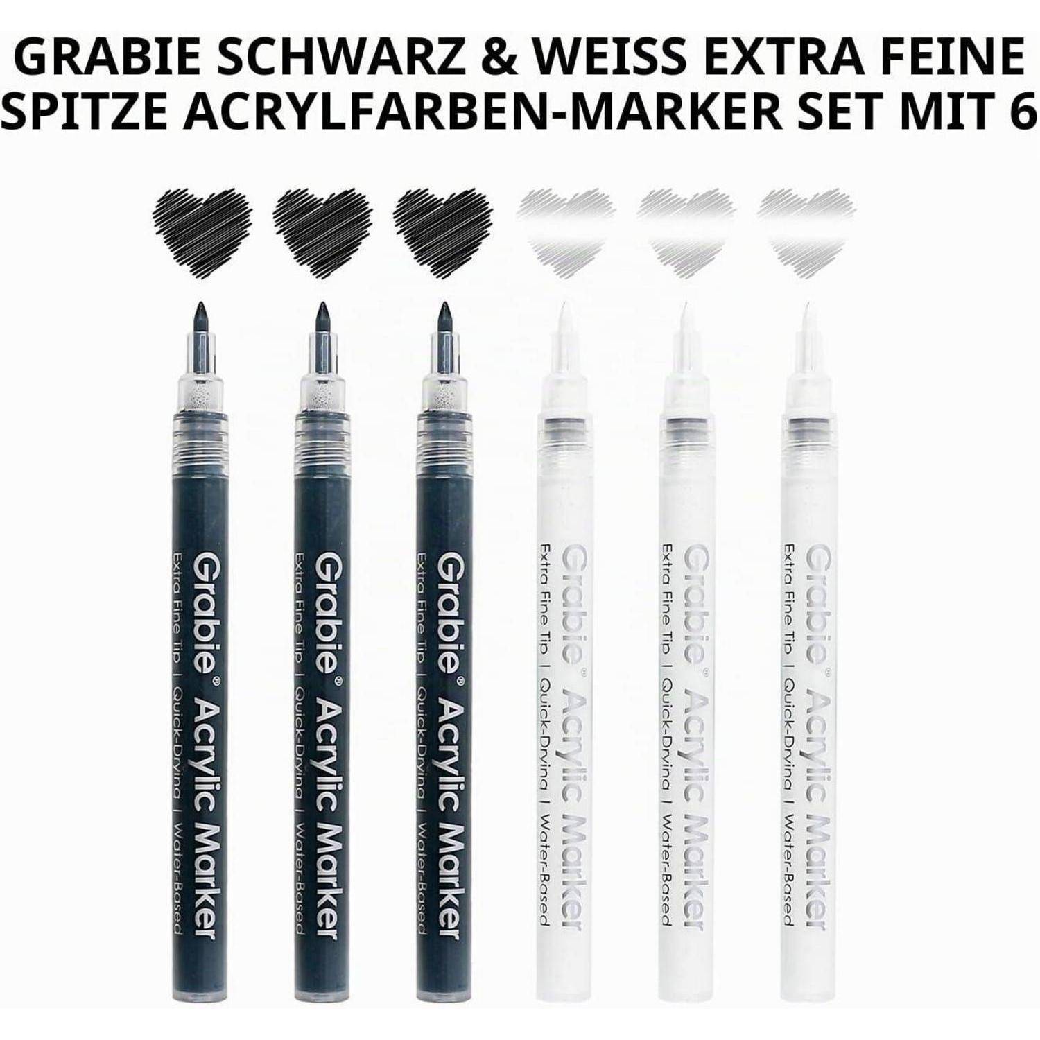 Produktbild eines 6er-Packs extra feiner Acrylmarker: 3 schwarze Marker und 3 weiße Marker, mit schwarzen und weißen Herz-Farbmustern oben und deutschem Text, der das Set bewirbt.