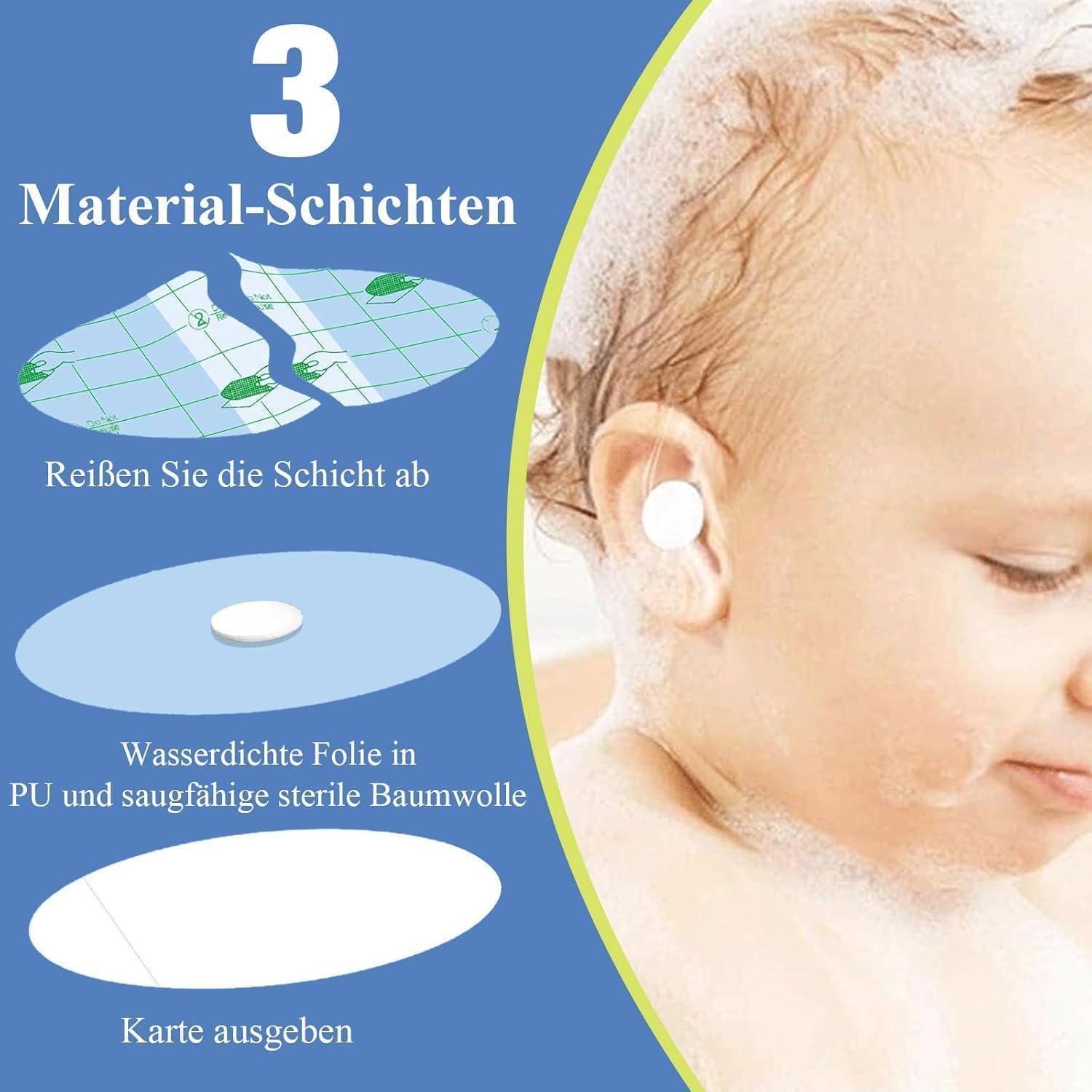 Infografik, die Schritt 3 des dreischichtigen Materials eines Verbandsmittels zeigt: Die Schicht abziehen, wodurch wasserundurchlässige PU-Folie und absorbierende sterile Baumwolle sichtbar werden, neben einem Kind, das das Verbandsmittel trägt.