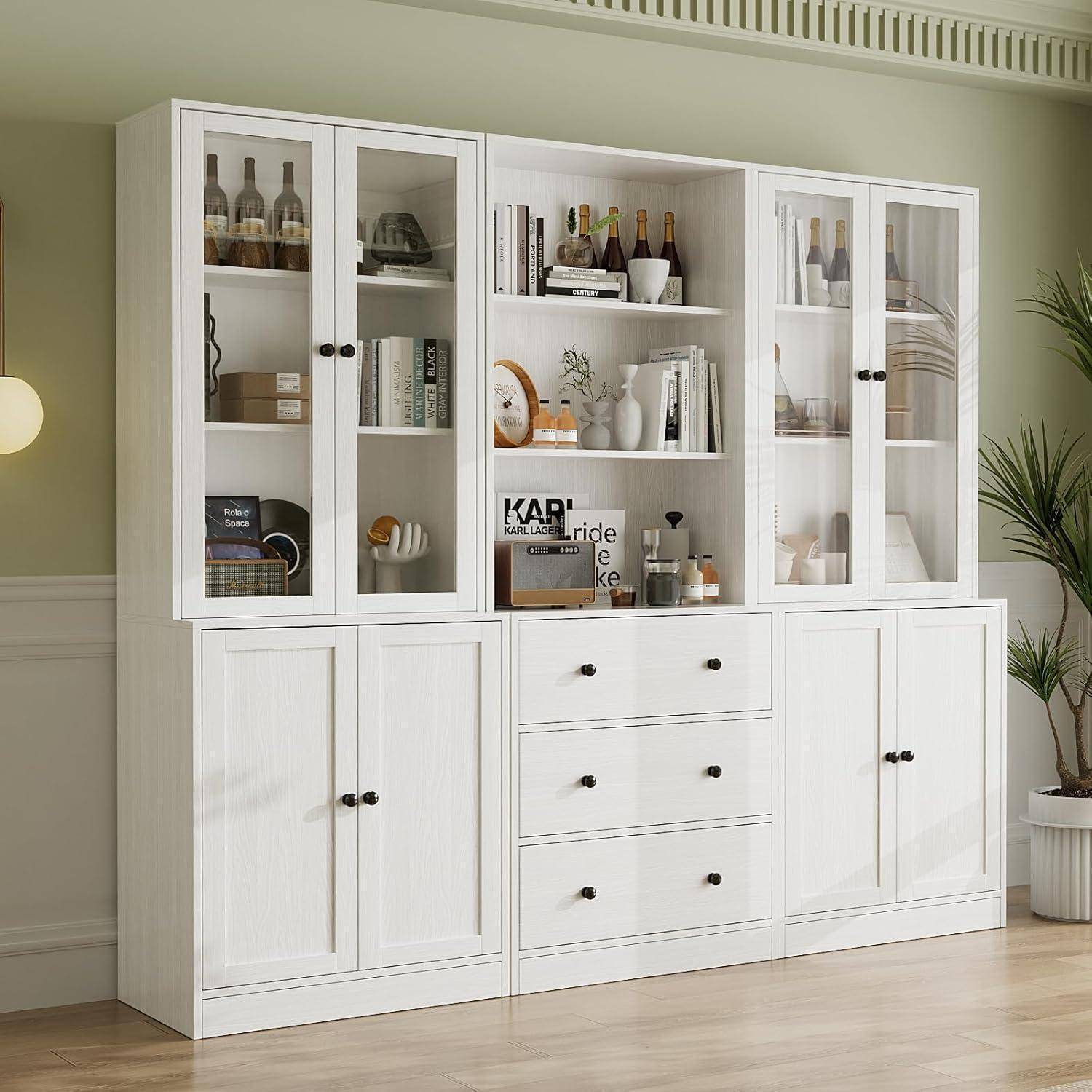VOWNER 5-stöckiges Bücherregal mit Glastüren, 180 cm Vitrinenschrank, Küchenschränke, Küchenschrank Hochschrank, Buffetschrank für Küche, Wohn