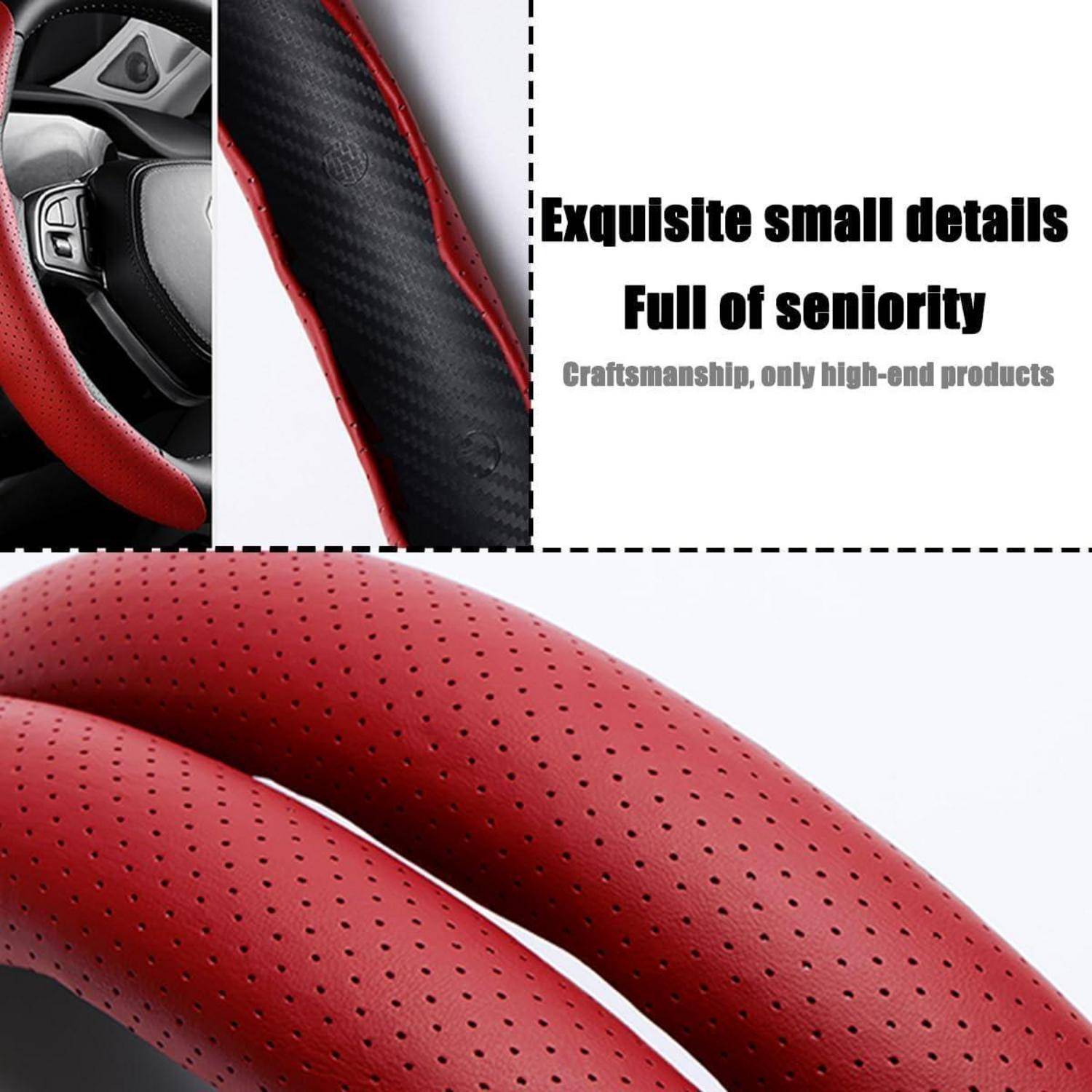 Nahaufnahme einer schwarzen und roten perforierten Lenkradbespannung mit Text: „Exquisite kleine Details", „Voller Senioriät"", „Handwerk, nur hochwertige Produkte"".