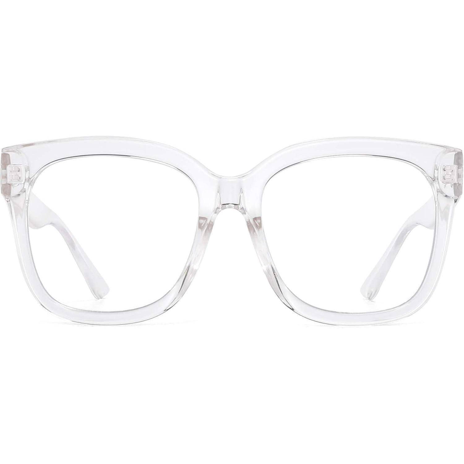 Klare transparente Kunststoffbrille mit übergroßen quadratischen Rahmen, Vorderansicht auf weißem Hintergrund.