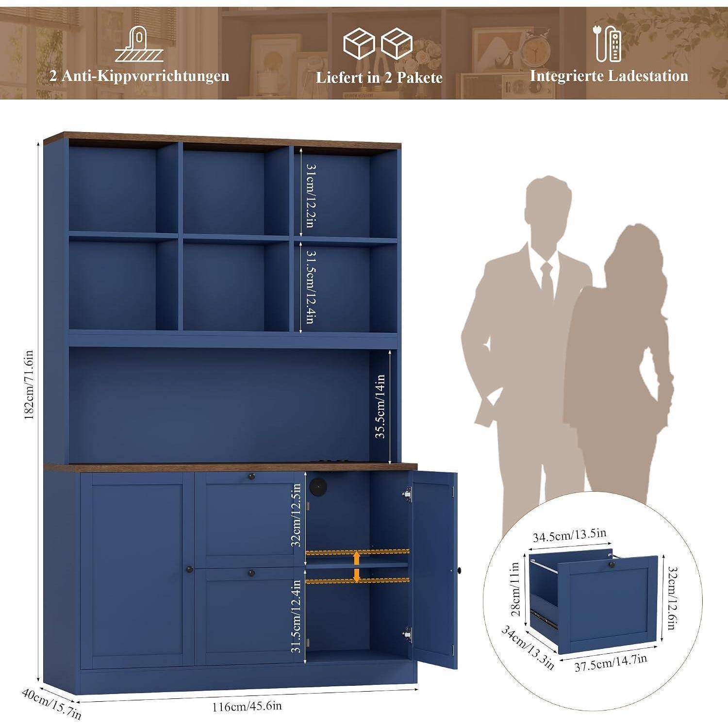Blauer Kleiderschrank mit oberen Regalen und unterem Schrank, dargestellt mit Abmessungen, Kippschutzvorrichtungen und integrierter Ladestation; eine Größenvergleichsabbildung erscheint neben einer Silhouette eines Paares.