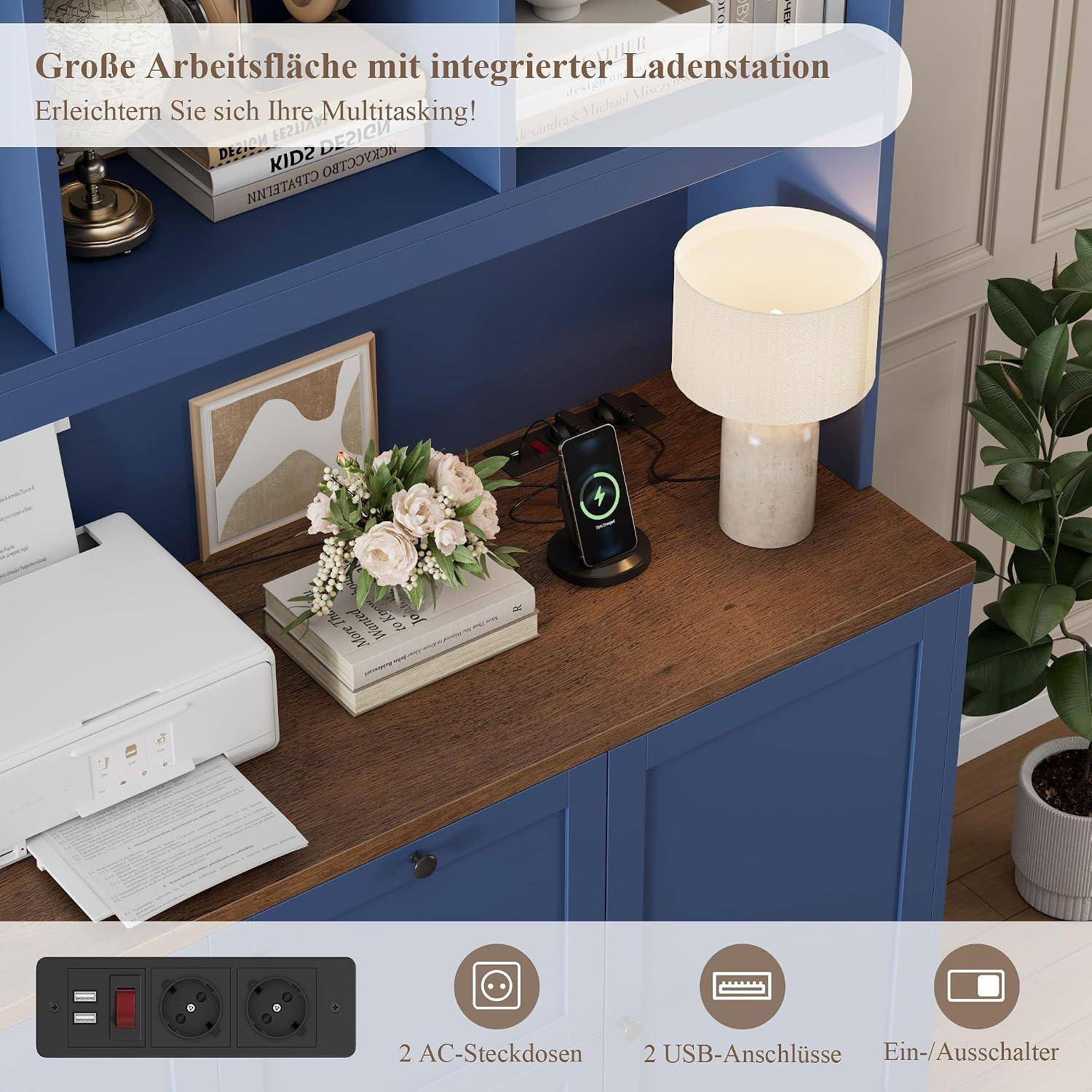 Blauer Schrankoberseite im Stil einer Arbeitsfläche mit integriertem kabellosen Ladegerät und Lampe; die Vergrößerung zeigt 2 AC-Steckdosen, 2 USB-Anschlüsse und Ein-/Ausschalter.