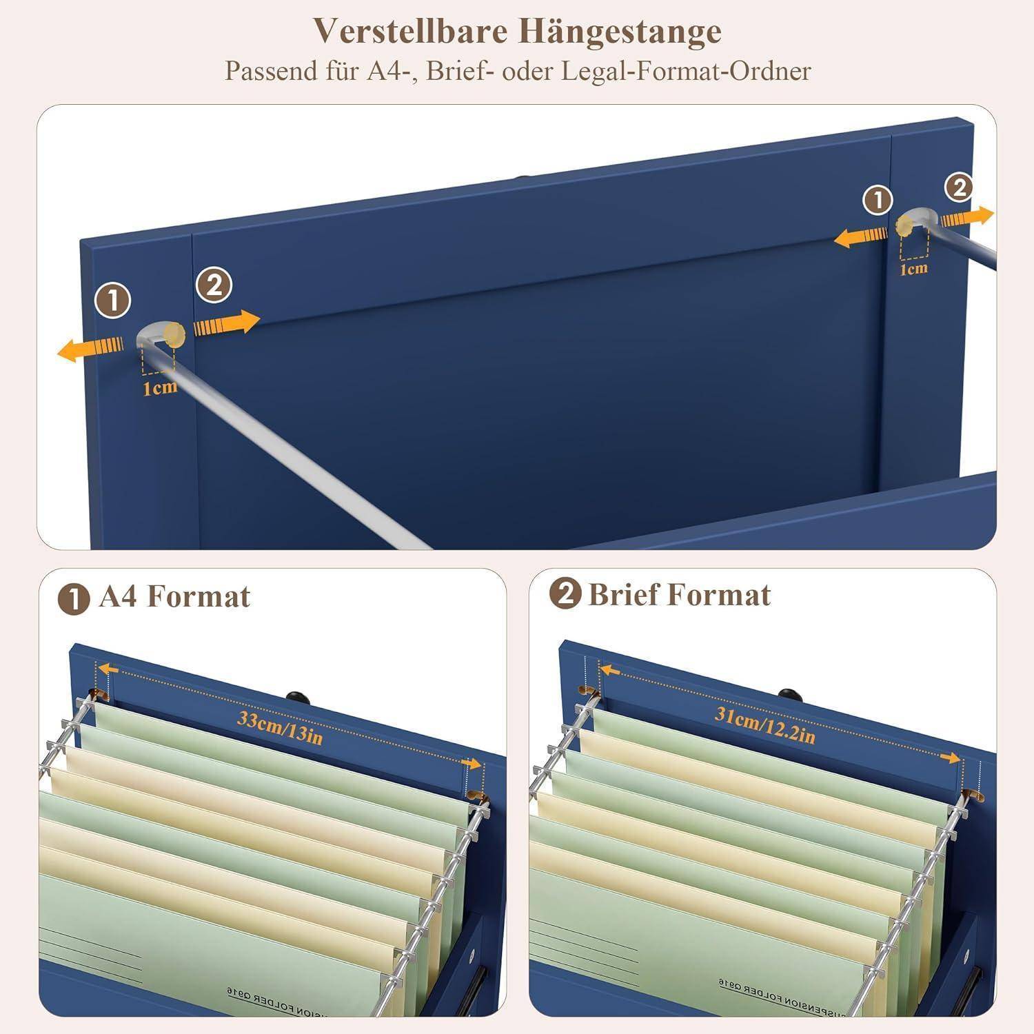 Diagramm mit verstellbaren Hängeschienen für Aktenordner, mit Breitenoptionen für A4- und Kurzformate und Pfeilen, die eine 1-cm-Verstellung anzeigen.