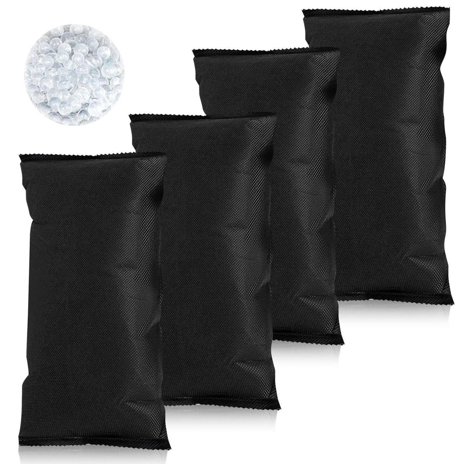 Vier schwarze Netzluft-Polster oder Verpackungseinsätze diagonal angeordnet, mit einer kleinen Vergrößerung, die durchsichtige Kunststoffperlen zeigt.