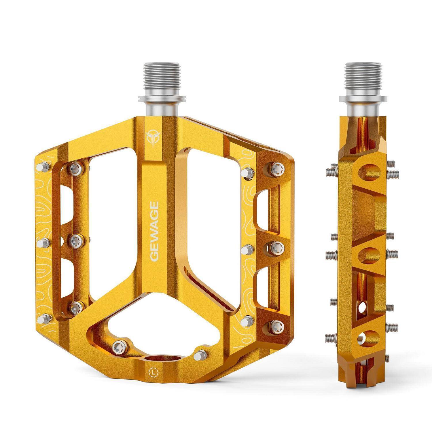 Gold GEWAGE Fahrradpedal in Vorder- und Seitenansicht auf weißem Hintergrund, mit Gewinde-Achse und Metallstiften für Griffigkeit.