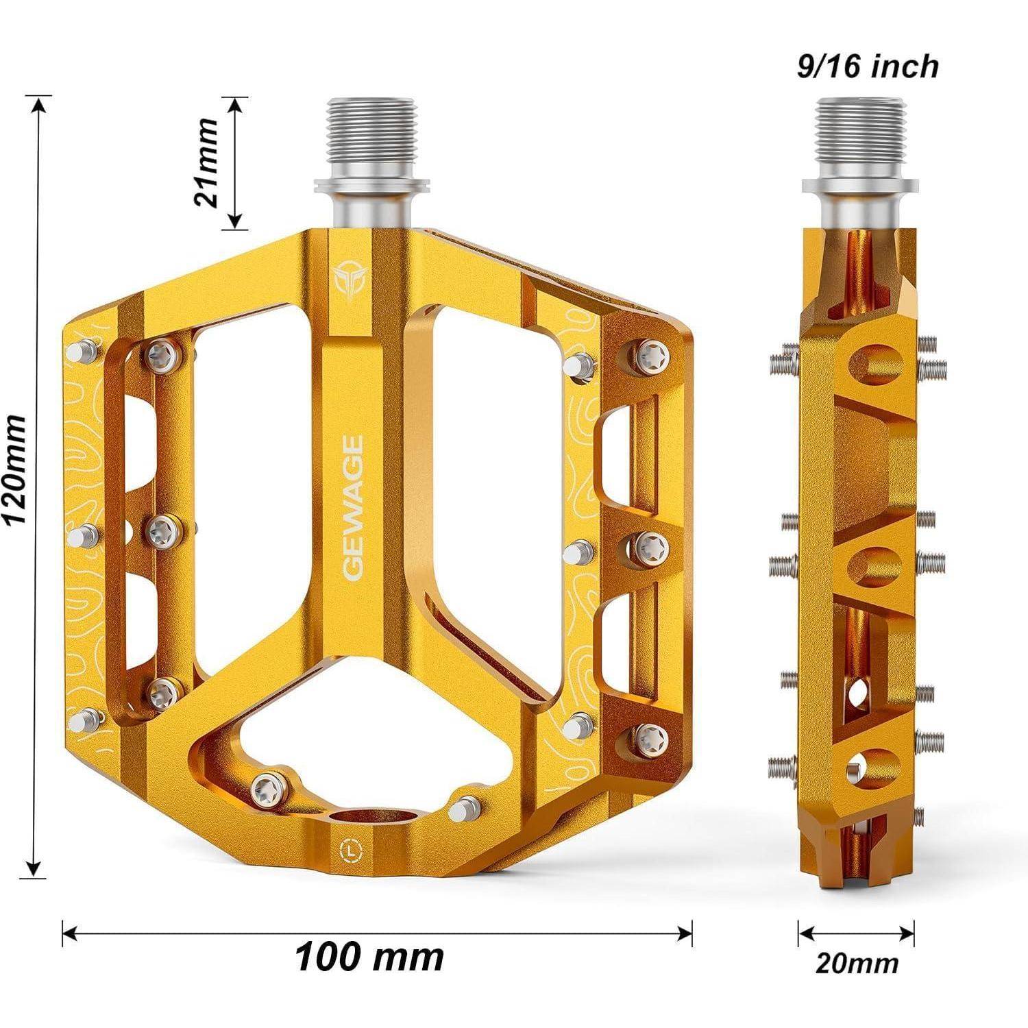 Goldenes Fahrradpedal dargestellt in Front- und Seitenansicht mit beschrifteten Abmessungen: 120 mm Höhe, 100 mm Breite, 20 mm Dicke, 9/16 Zoll Spindel und 21 mm Gewindeerhebung.