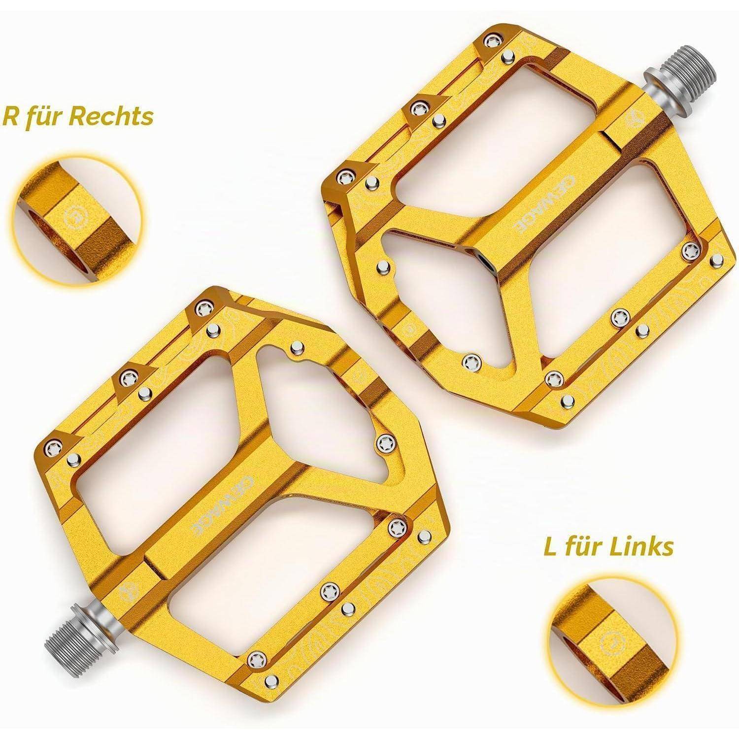 Produktbild von goldenen Fahrradpedalen, gezeigt in rechter und linker Version, mit gewindelosen Metallachsen und Nahaufnahmen, die die Pedalränder hervorheben.
