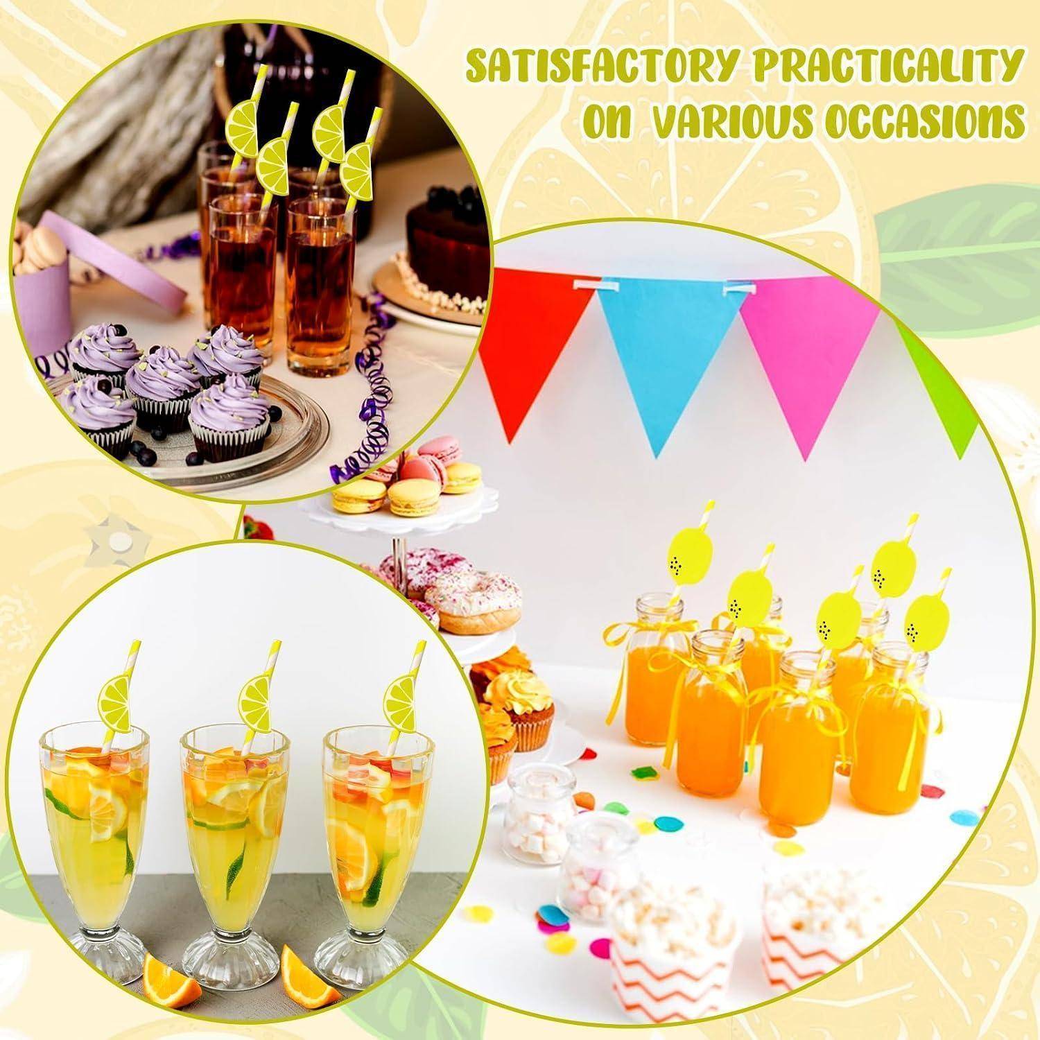 Collage aus bunten Partydesserts und Getränken mit Wimpelketten und dem Text „Zufriedenstellende Praktikabilität bei verschiedenen Gelegenheiten".