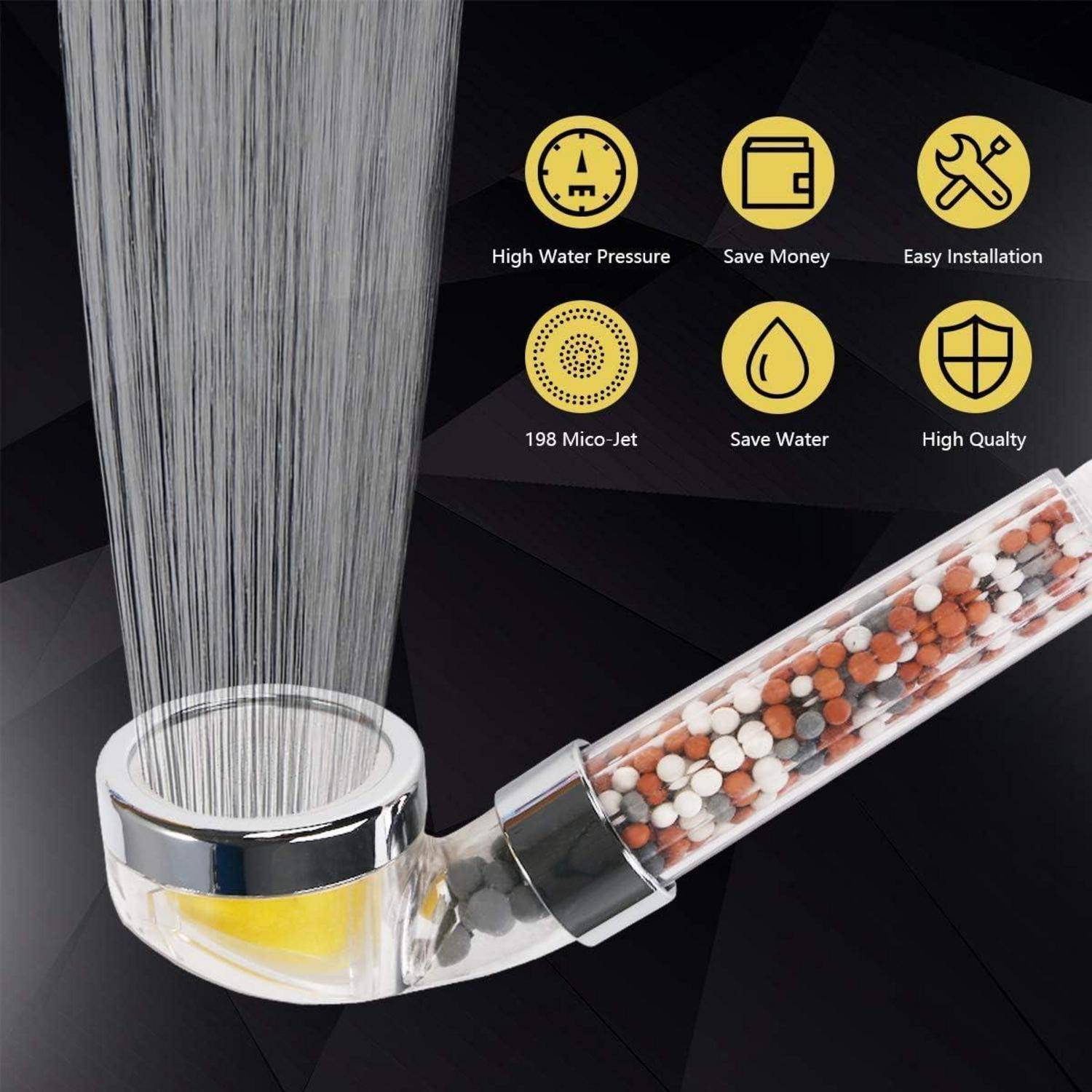 Duschfilter-Aufsatz mit gefiltertem Wasserspray und austauschbaren Mineralkugeln, mit Symbolen für hohen Druck, Ersparnis, einfache Installation, Wassereinsparung und Qualität.