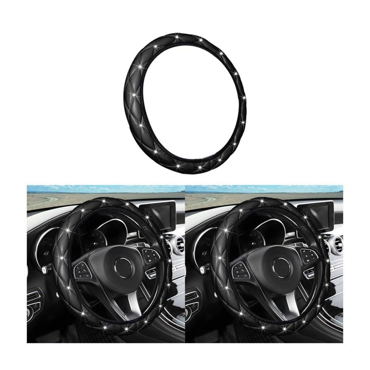Schwarze Kunstdiamant-Lenkradabdeckung, gezeigt auf einem Lenkrad in einem Autoinnenraum, mit einer separaten Produktansicht oben.