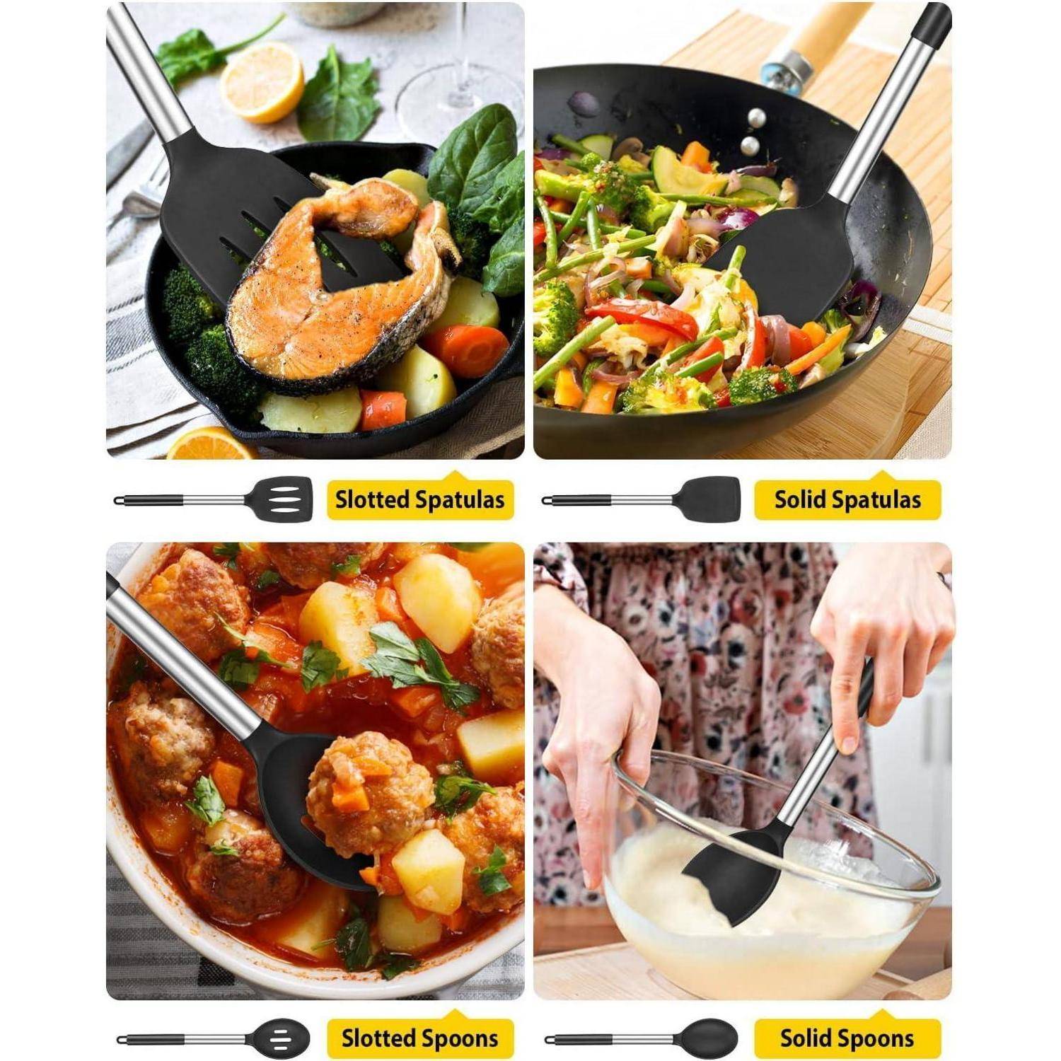 Vergleich von vier Küchenutensilien in vier Feldern, das Schlitzspatel, Vollspatel, Schlitzlöffel und Volllöffel zeigt, die zum Braten, Rühren, Servieren und Mischen verwendet werden.