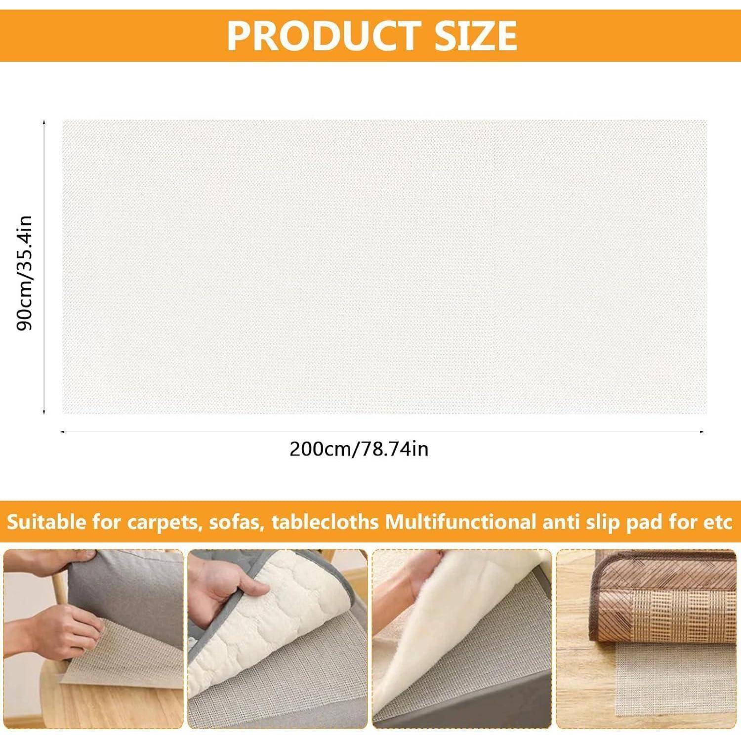 Produktgrößen-Grafik zeigt eine rechteckige rutschfeste Matte, 200 cm x 90 cm, mit Fotos, wie sie unter Teppichen, Sofas und Tischdecken platziert wird.
