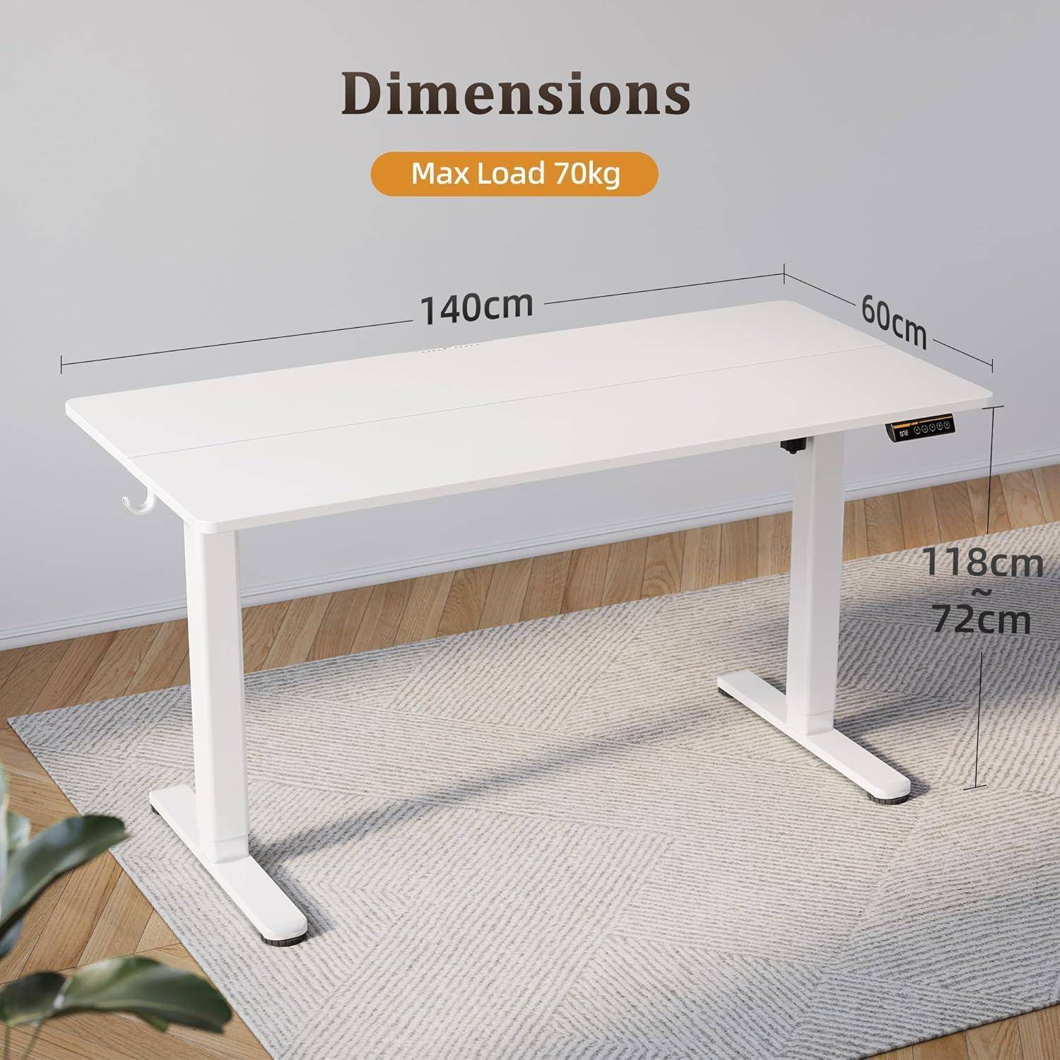 Abmessungsdiagramm eines weißen höhenverstellbaren Schreibtisches: 140 cm lang, 60 cm tief, 72–118 cm hoch, maximale Belastung 70 kg.