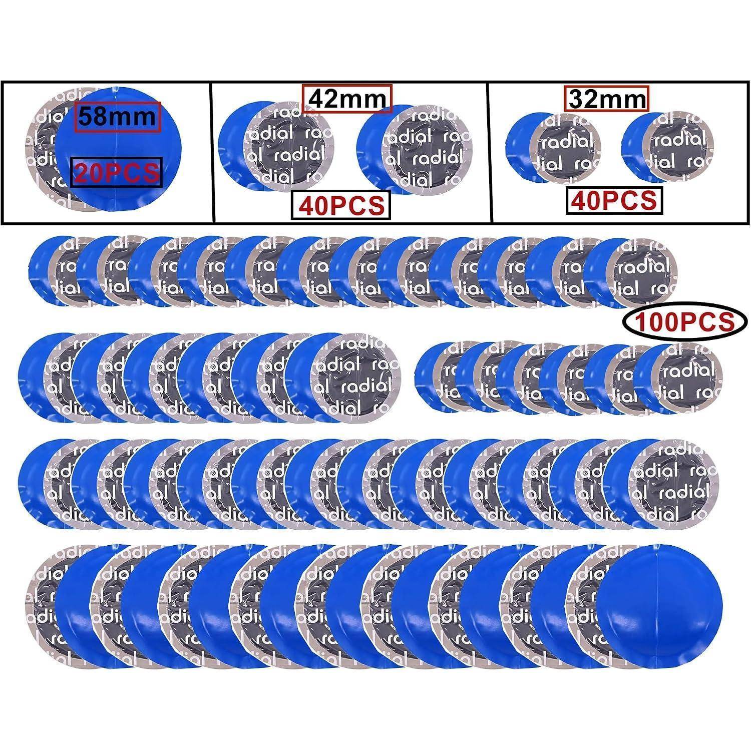 Produktbild von blauen und grauen kreisförmigen Scheiben in drei Größen, gekennzeichnet mit 58mm 20er, 42mm 40er und 32mm 40er, mit größeren Reihen, die insgesamt 100er zeigen.