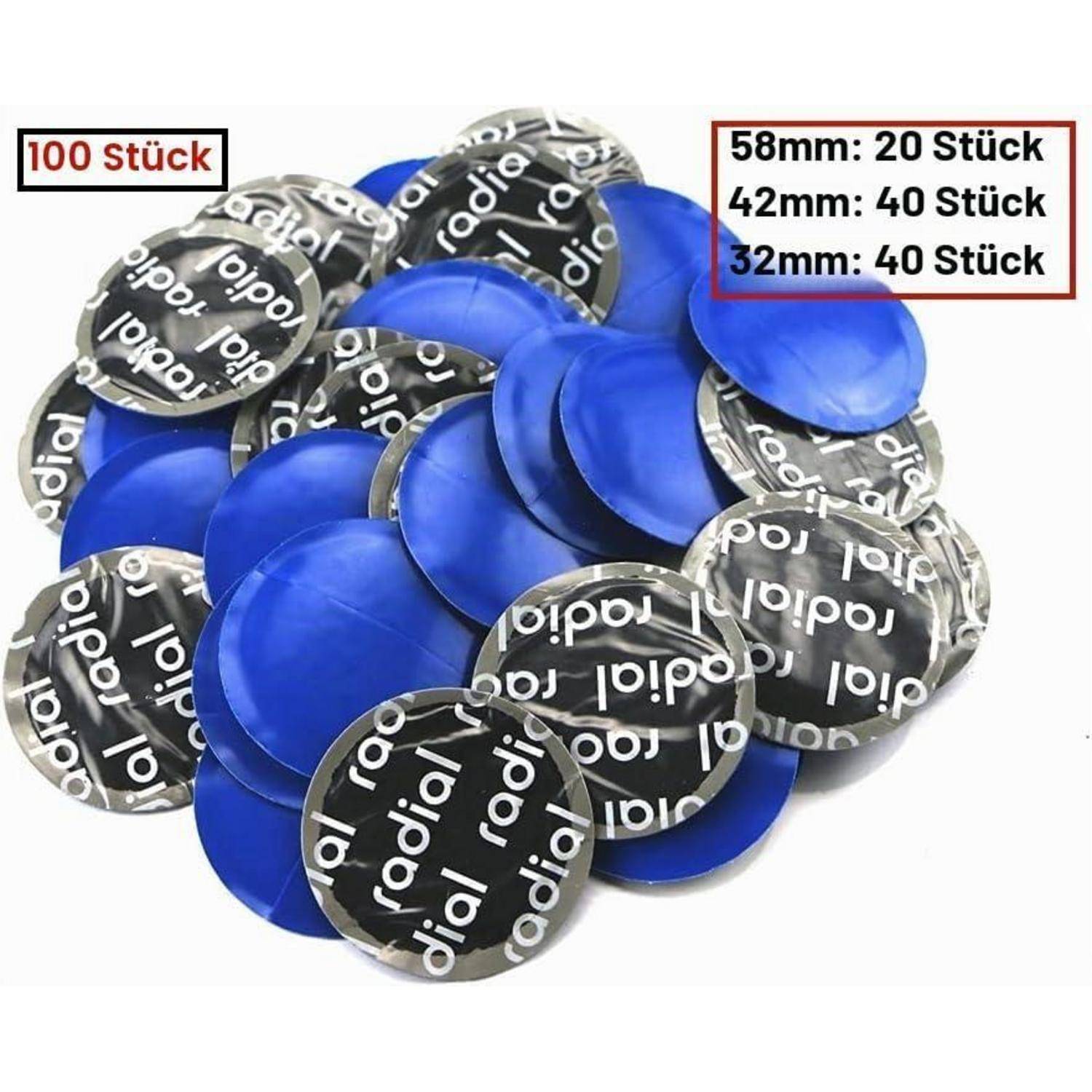Sortierte blaue und schwarze runde Klebepads, gekennzeichnet mit '100 Stück' und Größen '58mm: 20 Stück, 42mm: 40 Stück, 32mm: 40 Stück'.