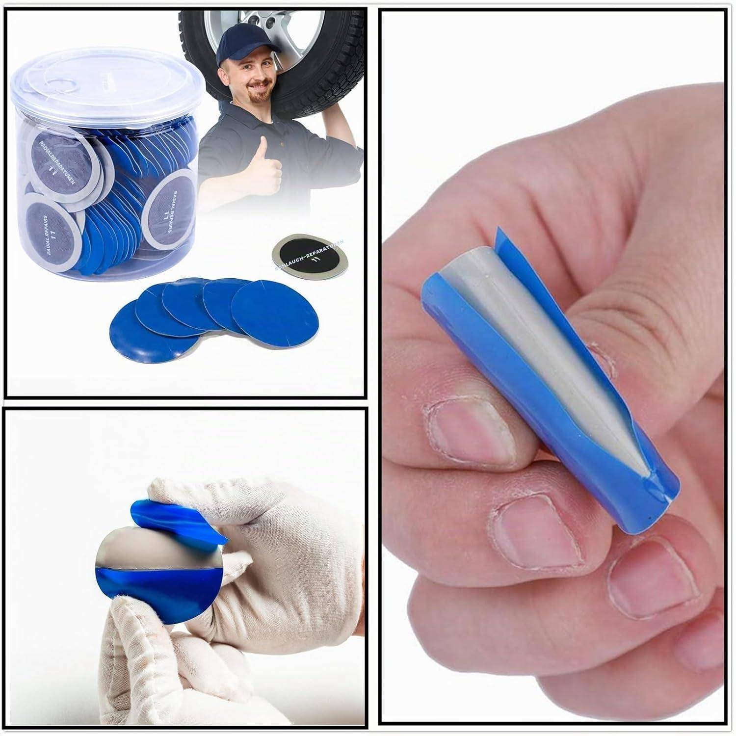 Collage mit blauen Klebegewichten zum Auswuchten von Rädern in einem Behälter, bei der Anwendung durch einen Mechaniker und eine Nahaufnahme eines Gewichts, das von seiner Trägerfolie abgezogen wird.