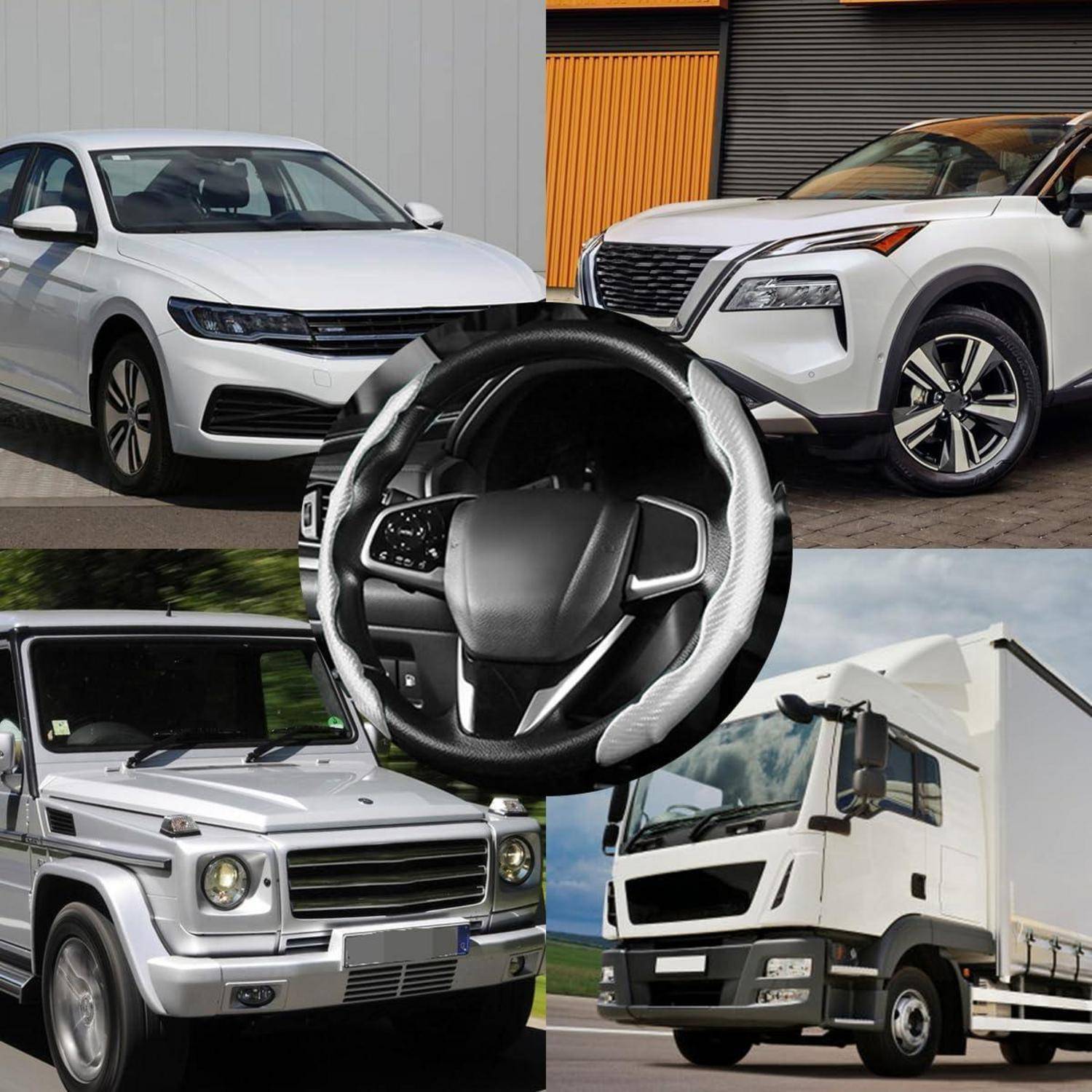 Collage von Fahrzeugbildern: zwei weiße SUVs, ein silberner SUV, ein weißer Kastenwaggon und eine Nahaufnahme eines Lenkrads.