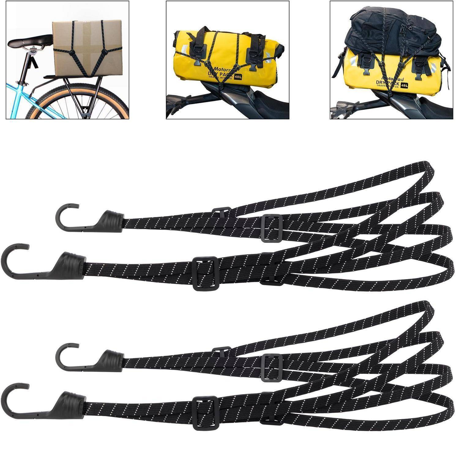Vier verstellbare Fahrradsicherungsgurte mit Haken und Schnallen, die eine Kiste und Packtaschen auf einem Fahrradträger sichern.