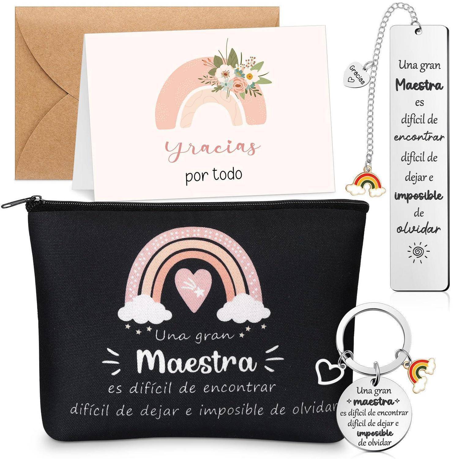 Geschenkset für einen Lehrer: schwarze Tasche mit Regenbogen und spanischem Zitat, Lesezeichen, Schlüsselanhänger und Dankeskarte im passenden Pastelldesign.
