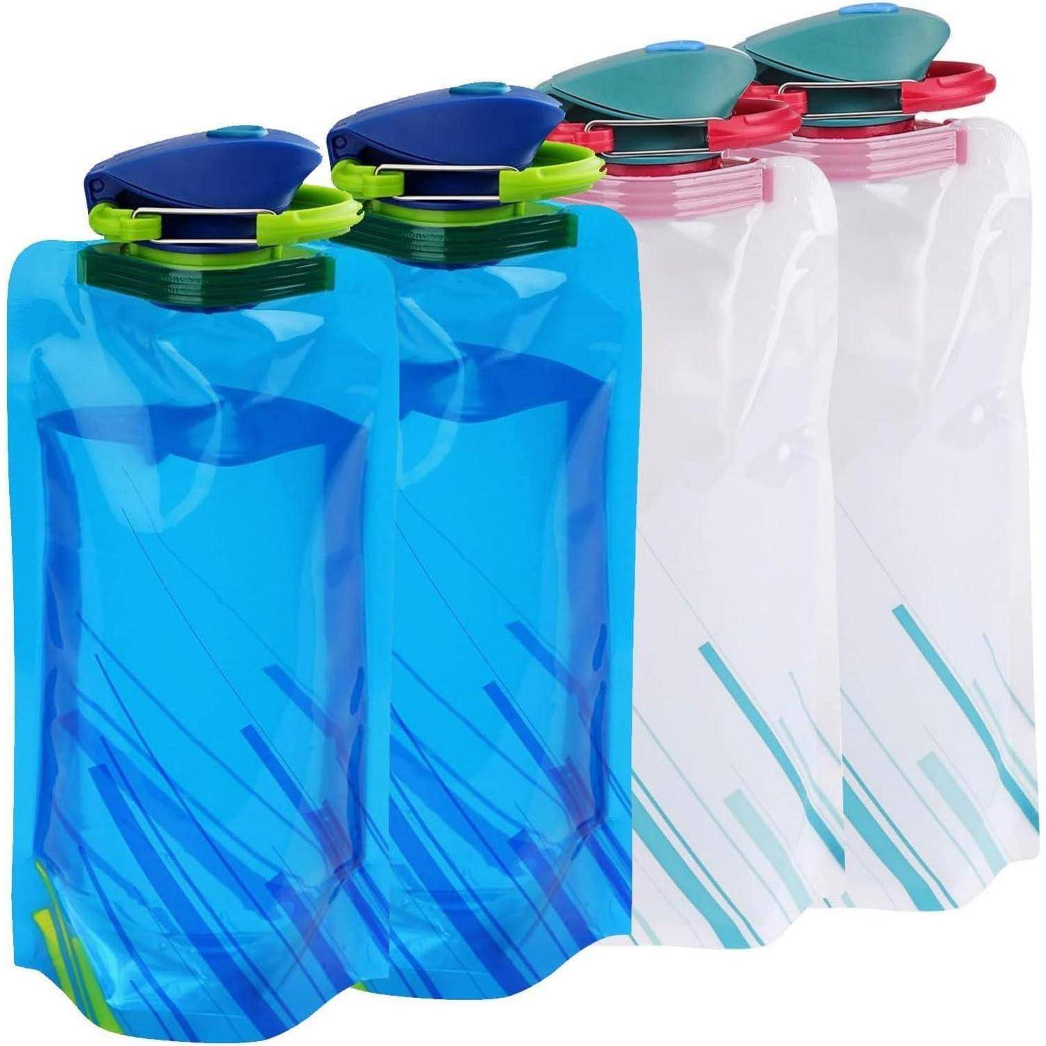 Vier farbenfrohe wiederverwendbare Wasserflaschen mit Klappdeckeln, gezeigt in Blau, Weiß, Rosa und Türkis.