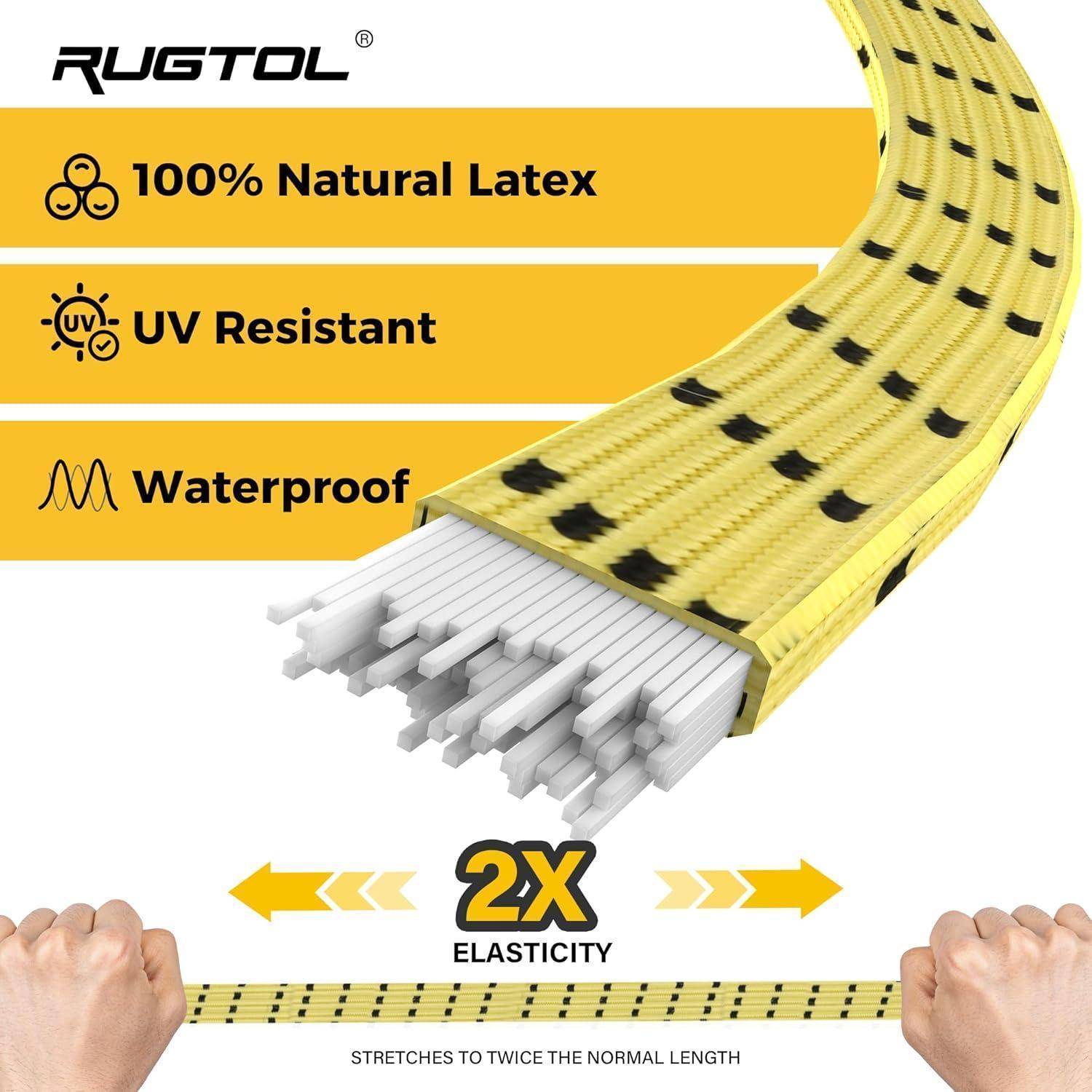 RUGTOL Latex-Schlauch Bild, das 100% natürliches Latex, UV-Beständigkeit, Wasserdichtheit und 2X Elastizität zeigt, das sich auf die doppelte Länge dehnt.
