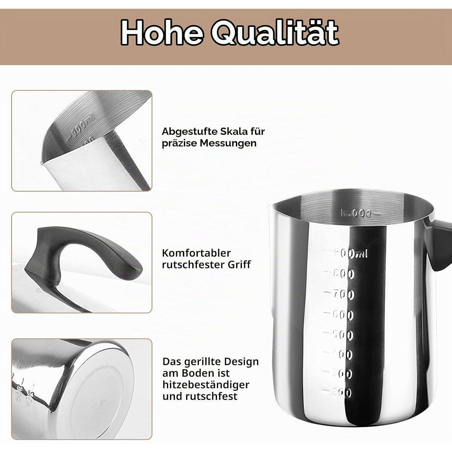 Messbecher aus Edelstahl mit dem Label „Hohe Qualität