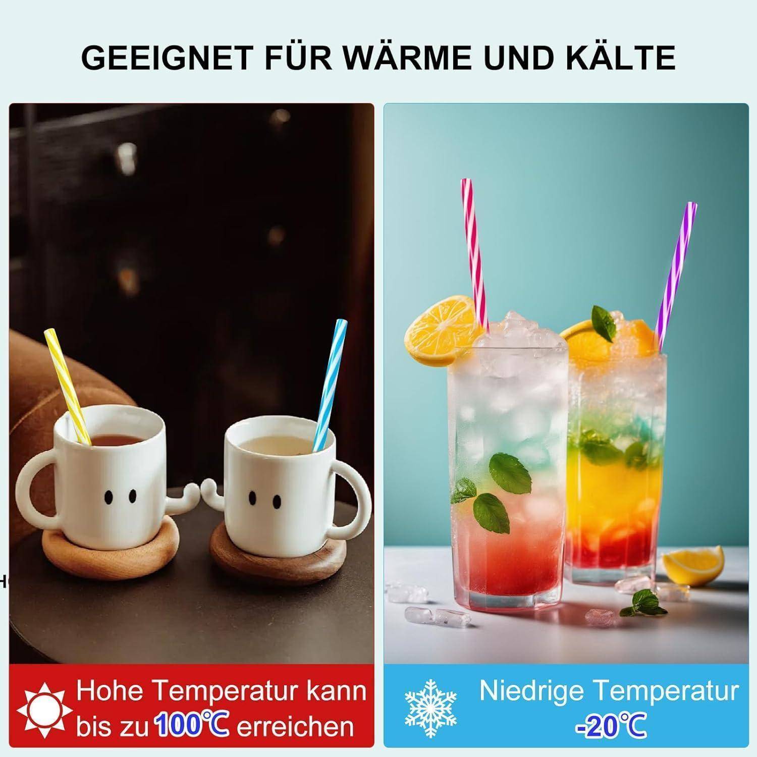 Vergleichsbild mit einer Tasse und einem Kaltgetränkeglas: Links steht „Hohe Temperatur kann bis zu 100°C erreichen" für heißen Gebrauch, rechts steht „Niedrige Temperatur -20°C"" für kalten Gebrauch.