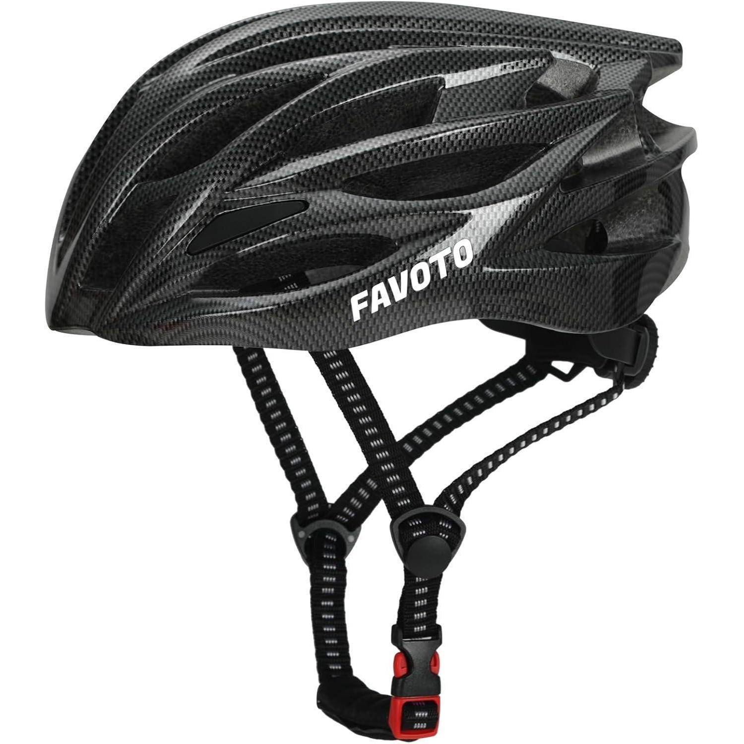 Schwarzer Favoto-Fahrradhelm mit verstellbaren Kinnriemen, gezeigt auf weißem Hintergrund.