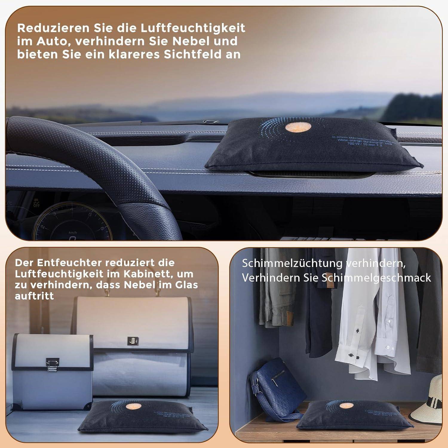 Produktanzeige für ein Auto-Entfeuchter-Kissen; behauptet, dass es die Luftfeuchtigkeit in der Kabine reduziert, Fensterbe­schlag verhindert und hilft, Schimmelbildung im Auto und im Kleiderschrank zu verhindern.