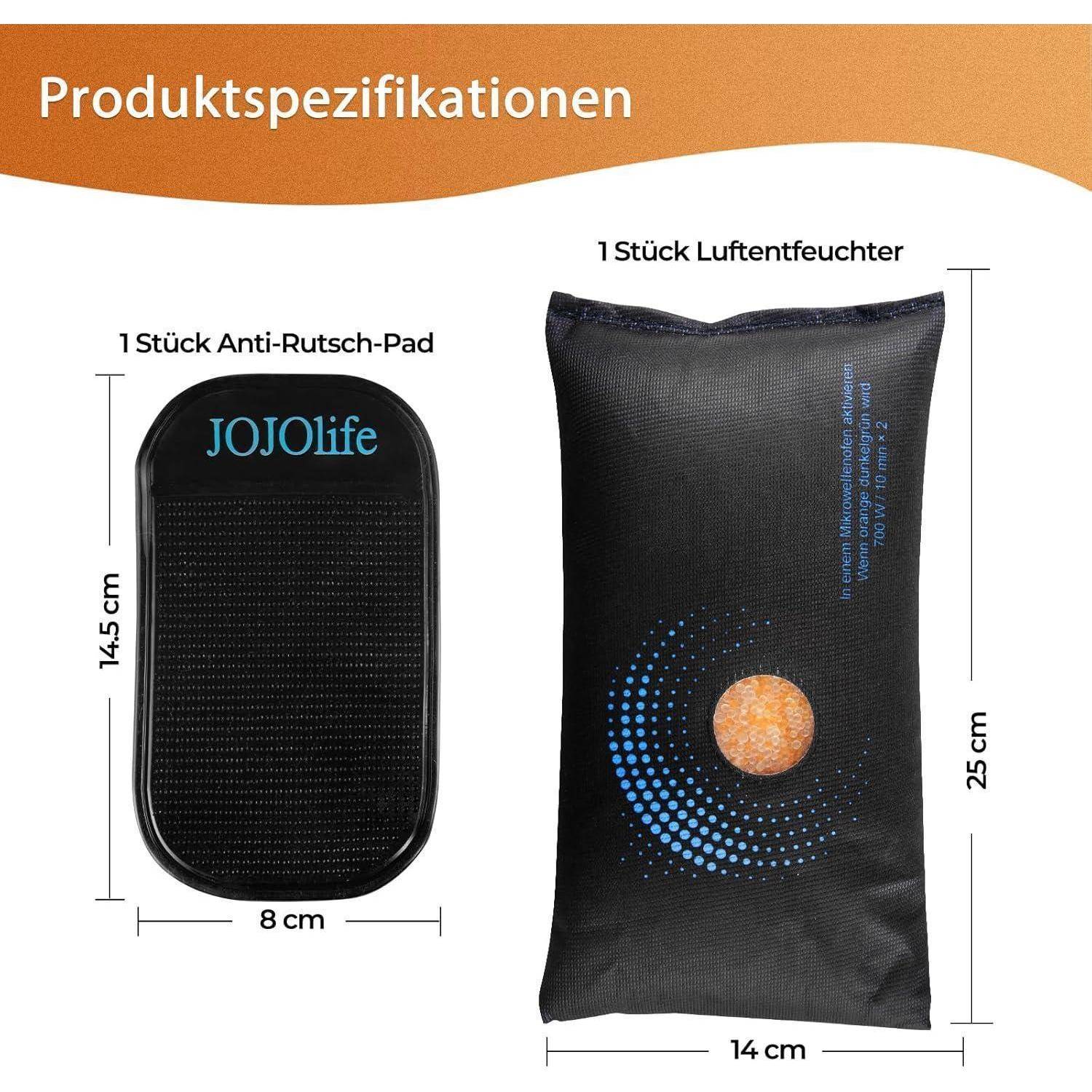 Produktspezifikationen-Grafik, die 1 rutschfeste Matte (14,5 cm x 8 cm) und 1 Befeuchtungsbeutel (25 cm x 14 cm) in Schwarz zeigt.