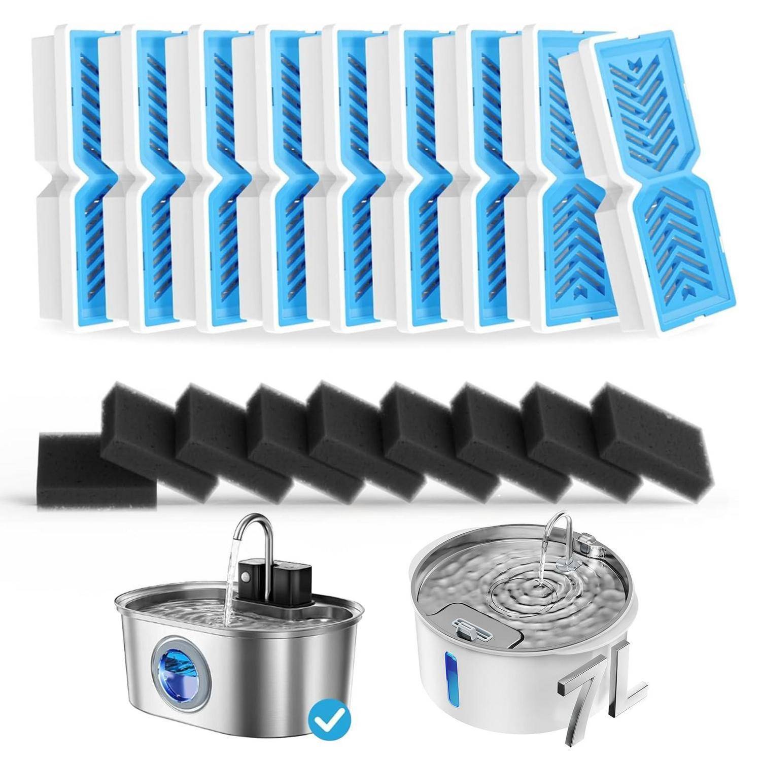 Vergleichsbild von Optionen für Haustierwasserbrunnen-Filter: blau-weiße Kartuschen, schwarze Schaumstofffilter und zwei Edelstahl-Brunnenbmodelle, wobei eines als ausgewählt markiert ist.