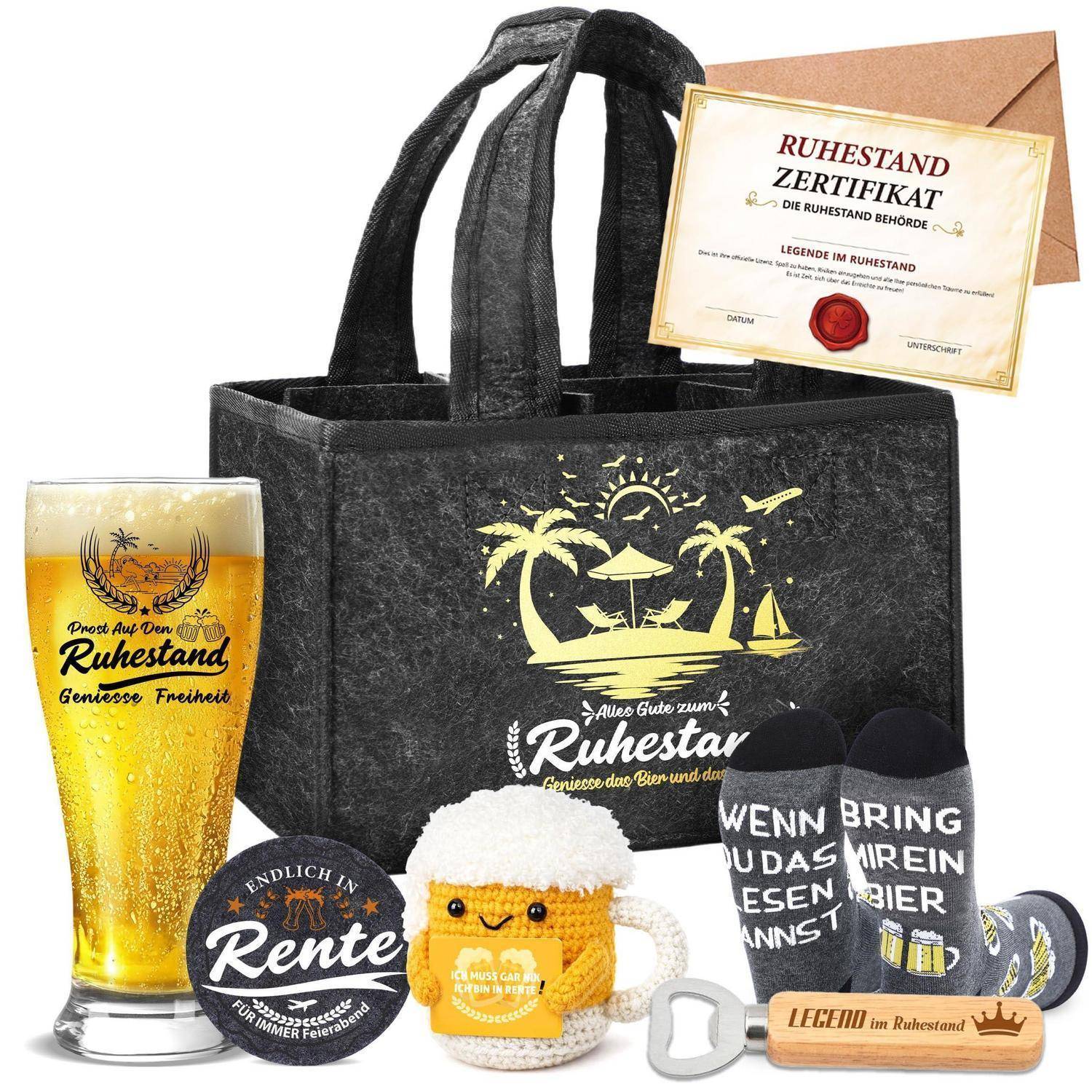 Geschenkset für den Ruhestand mit schwarzer Tragetasche, „Ruhestand Zertifikat