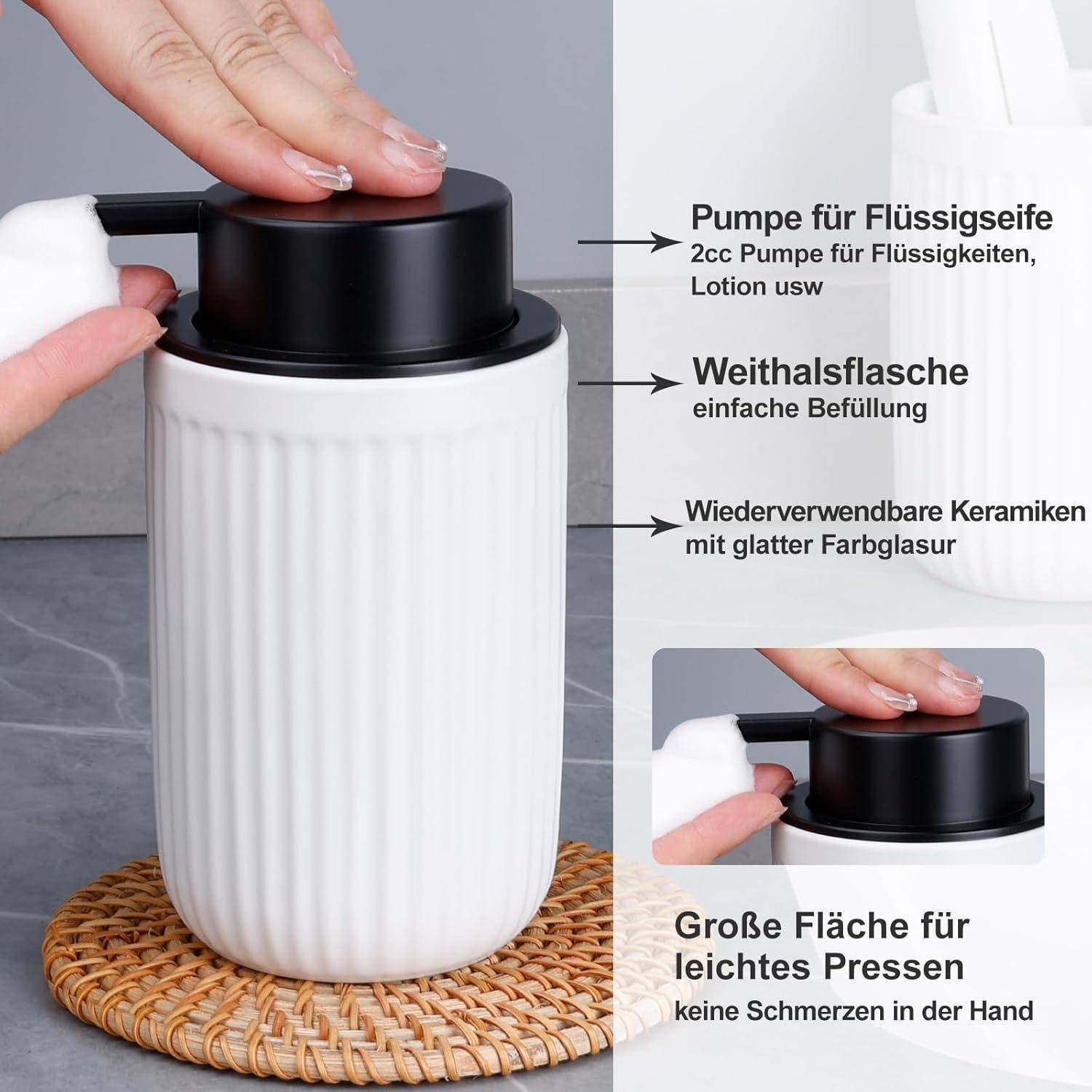 Weiße Keramik-Pumpflasche für Flüssigseife oder Lotion mit breitem Hals, wiederverwendbare glasierte Keramik und großer Druckfläche für einfache Dosierung.